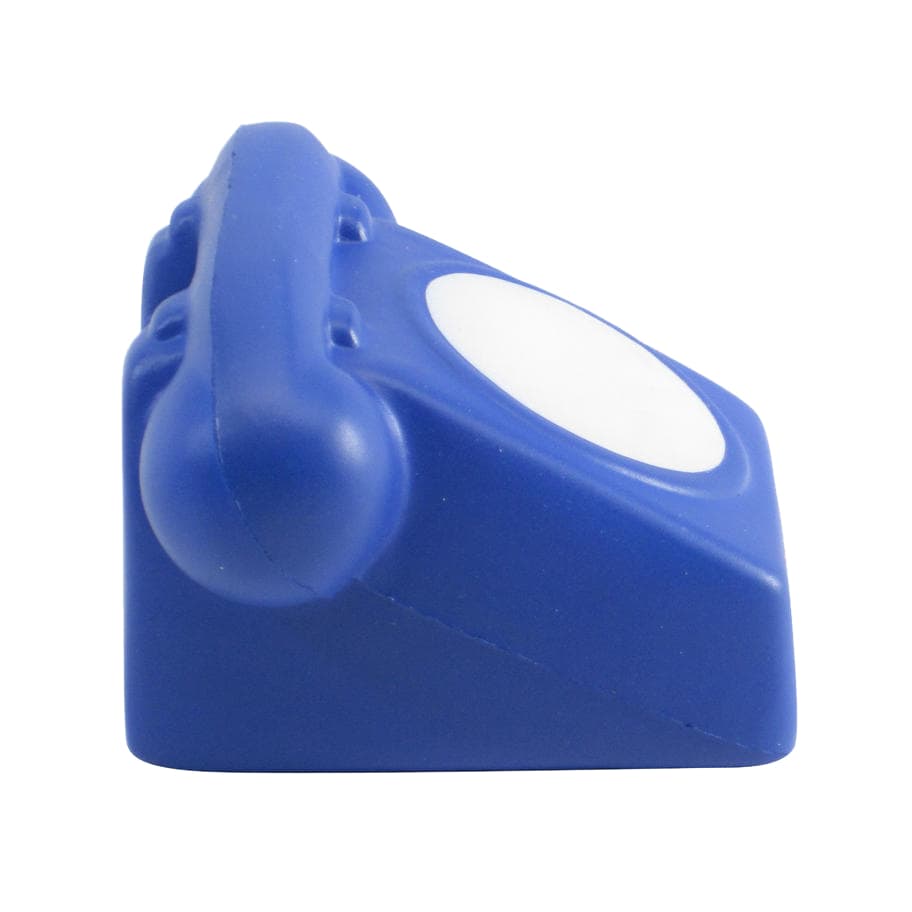 A blue classic phone-shaped stress reliever featuring a white button and a simple design.