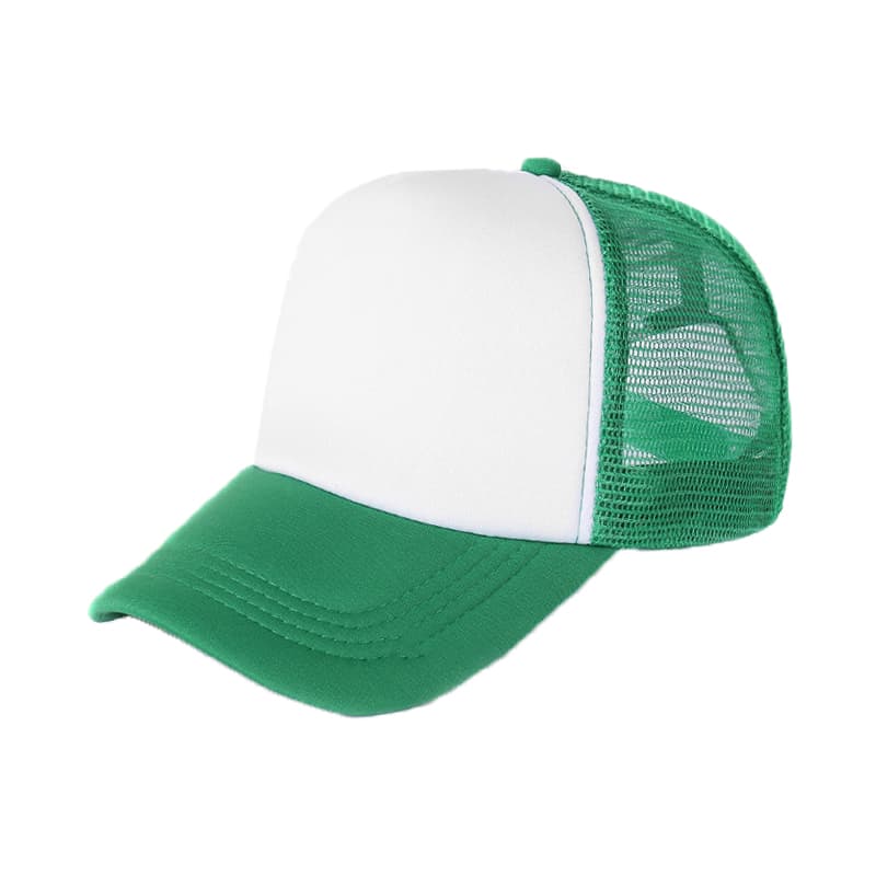 A green and white trucker cap featuring a mesh back and a solid front panel.
