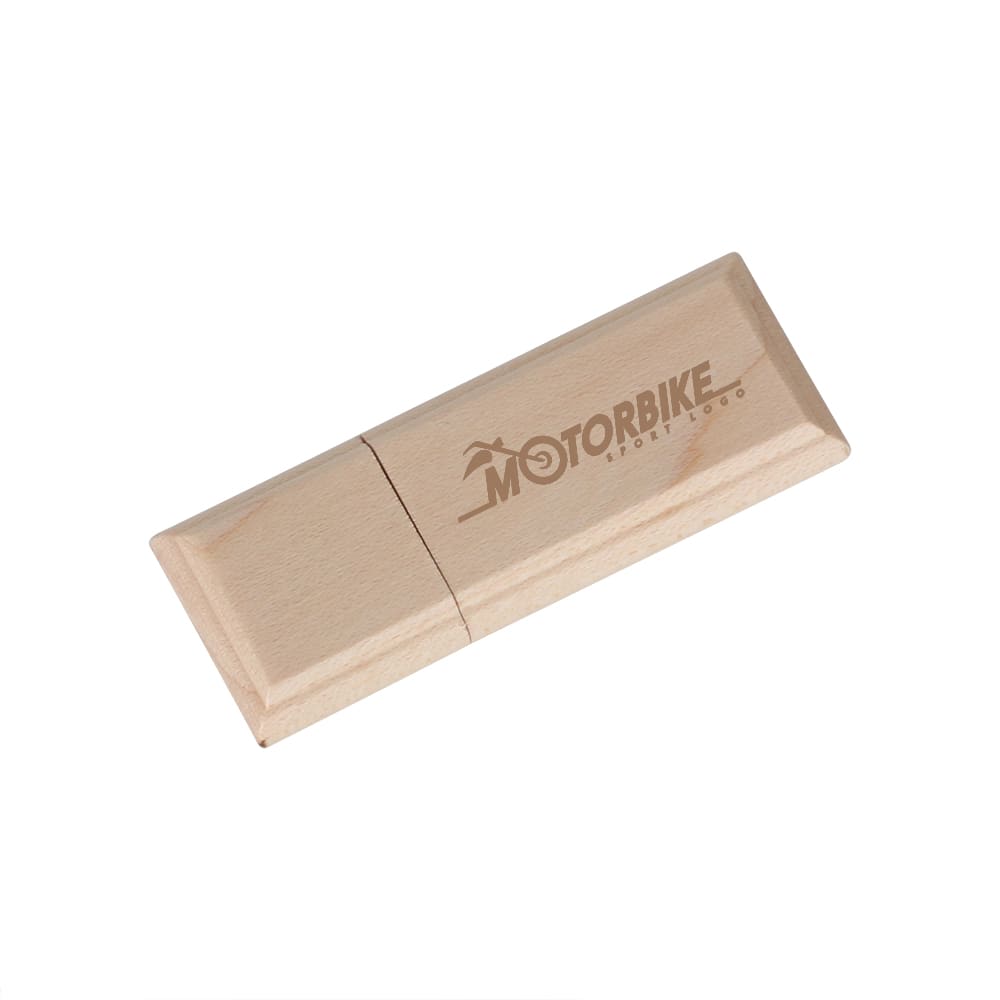 A wooden flash drive featuring a logo, showcasing a rectangular design with smooth edges.