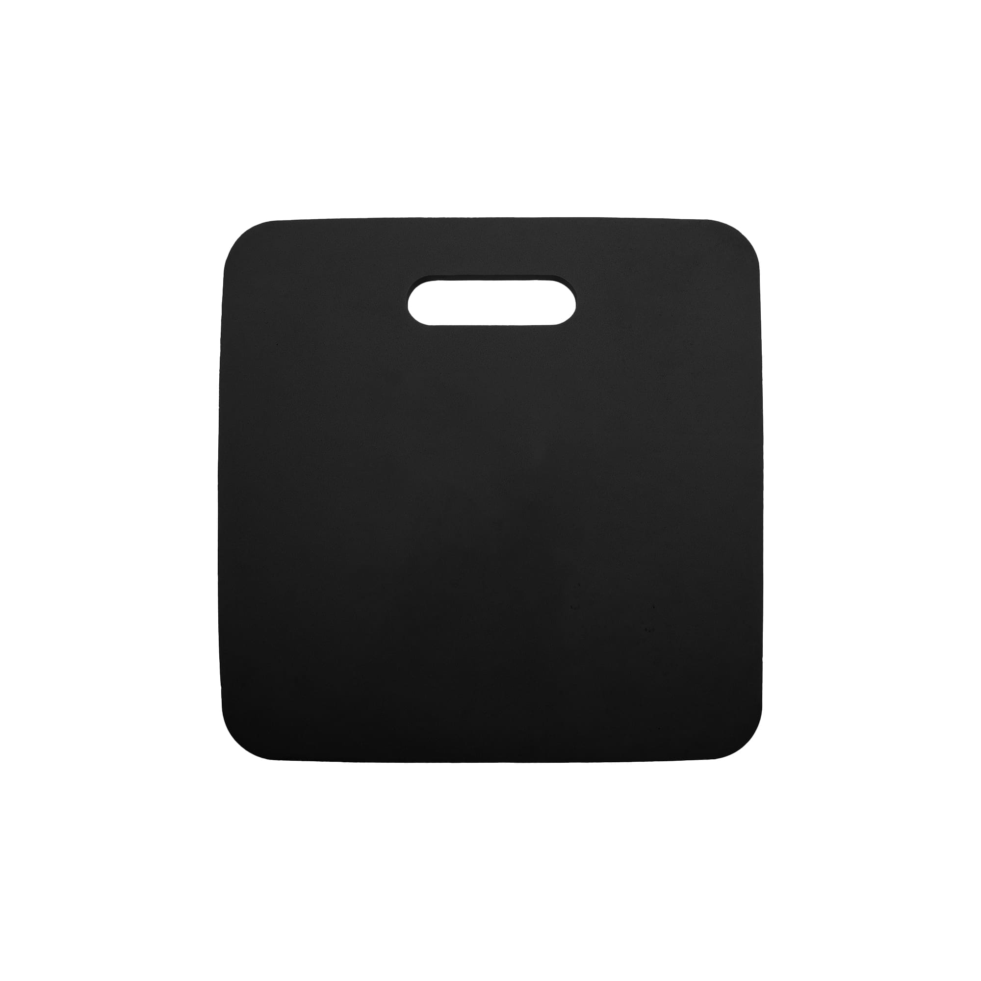 A black promotional stadium seat cushion with a handle for easy carrying. Features a smooth surface and simple design.