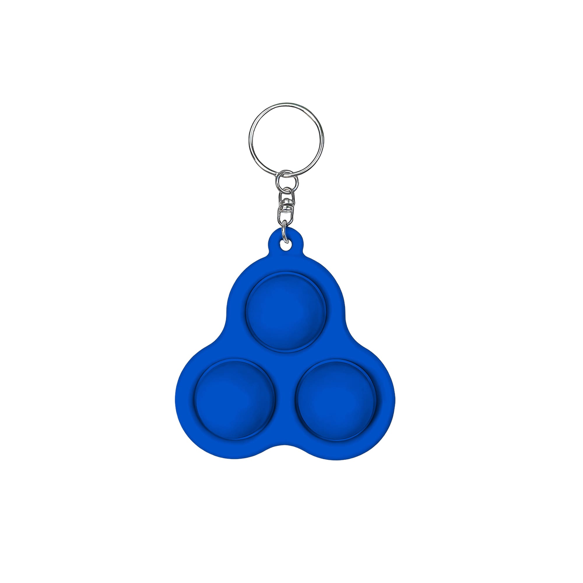 A blue keychain featuring three push bubbles, attached to a metal ring, with a smooth silicone texture.