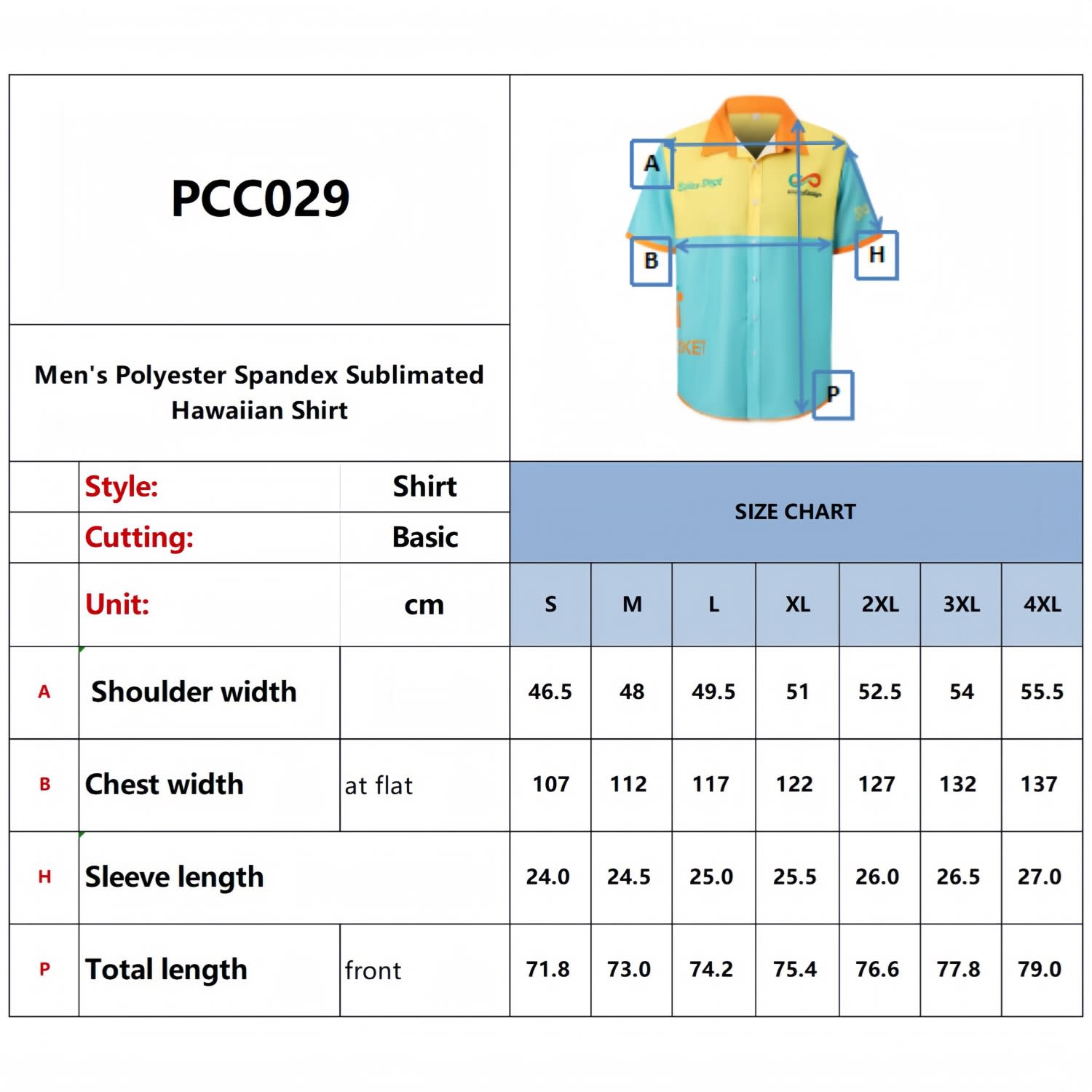 A light blue and orange button-up shirt featuring a logo and a size chart with various measurements.