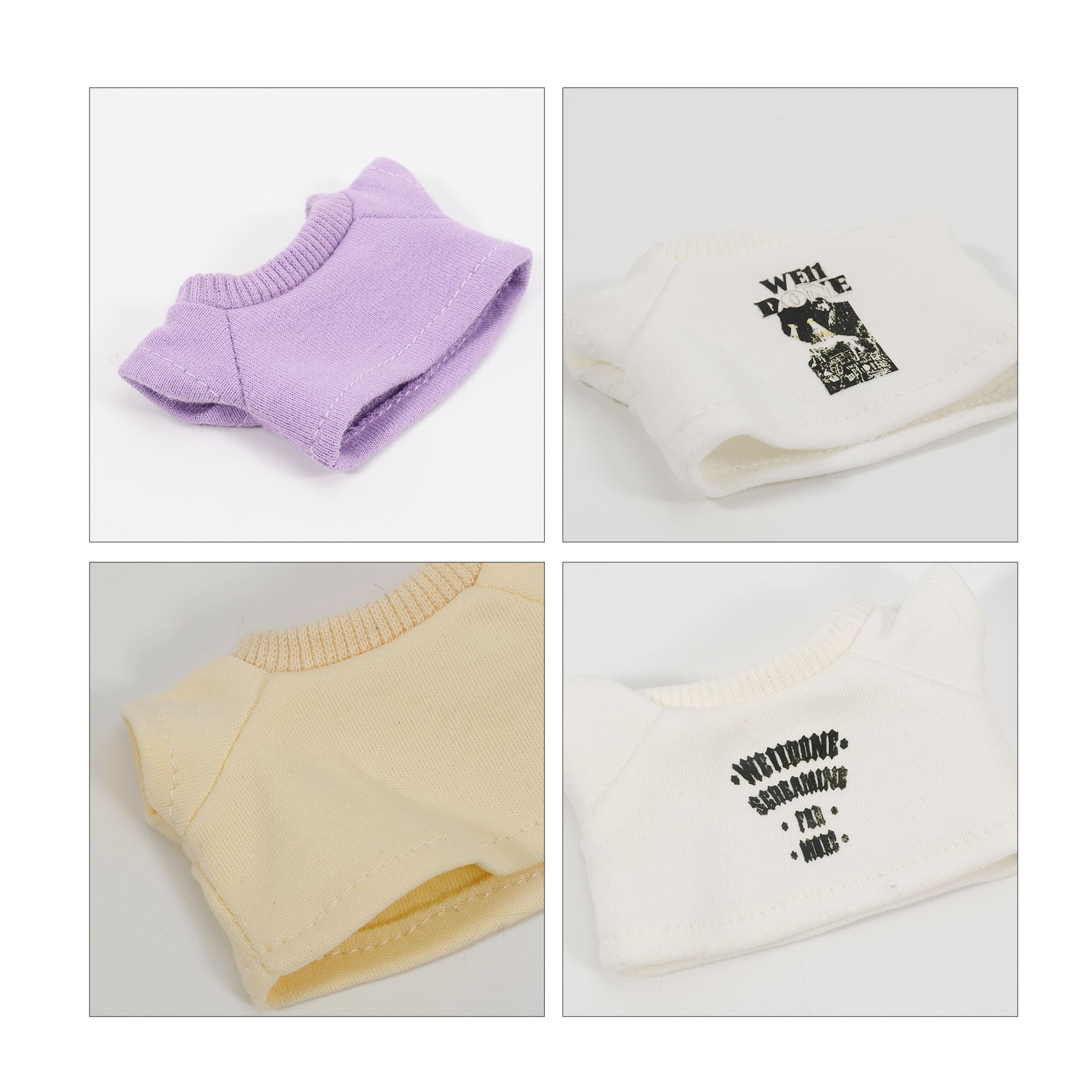 Two plush doll t-shirts in lavender and creamy white, featuring playful designs and a logo on each.