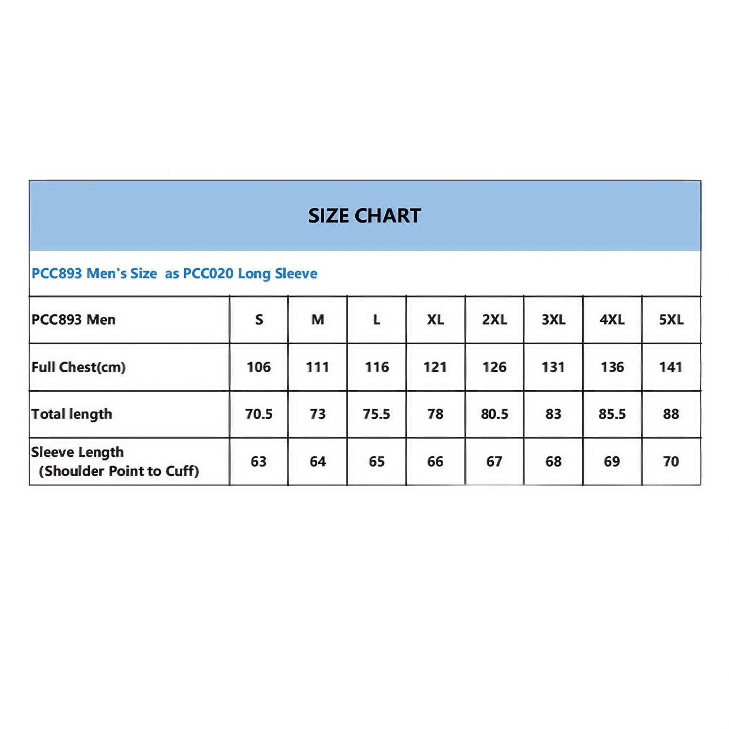 A size chart for a men's long sleeve shirt, detailing measurements for chest, length, and sleeve.