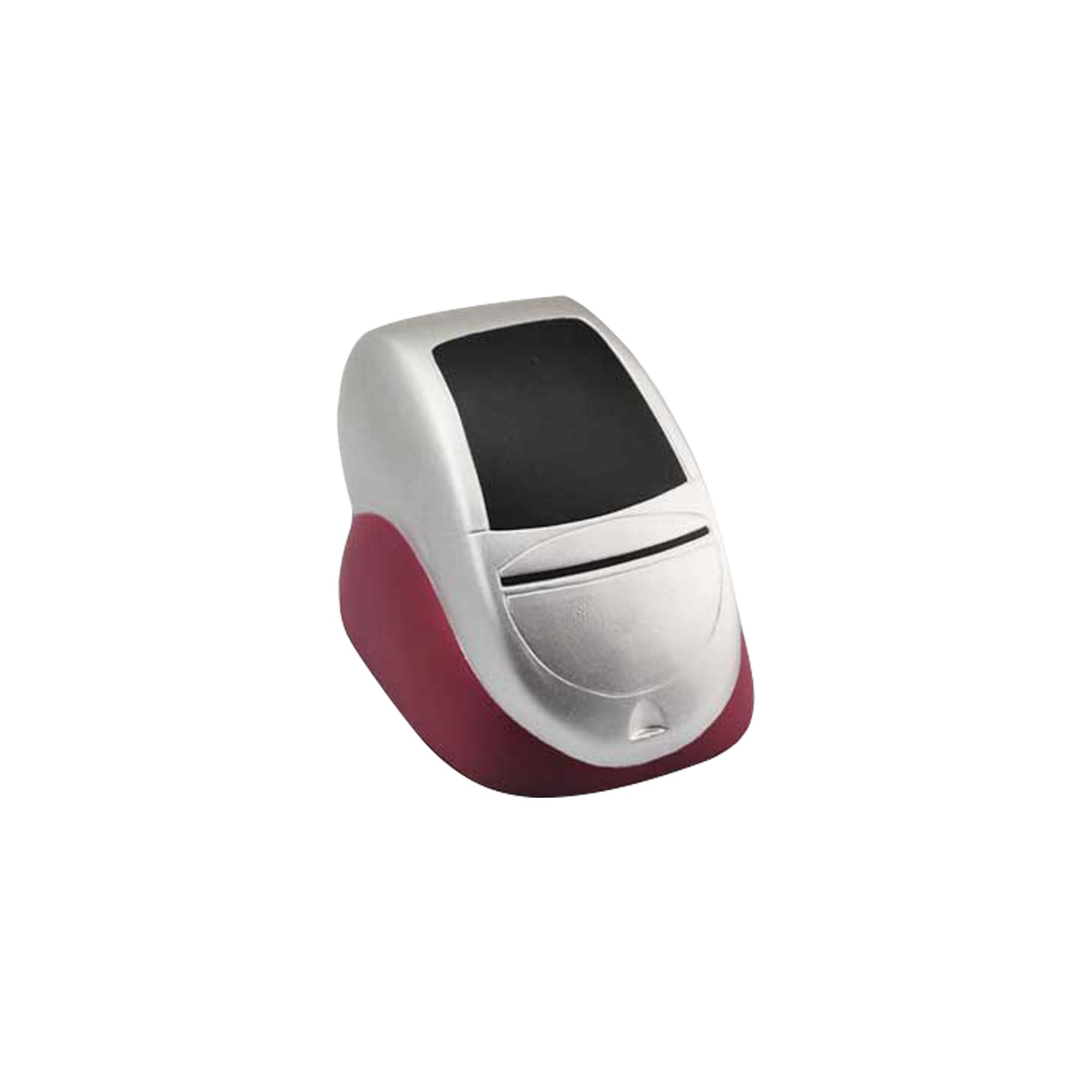 A silver and red stress reliever shaped like a classic stapler, featuring a black top and a smooth finish.