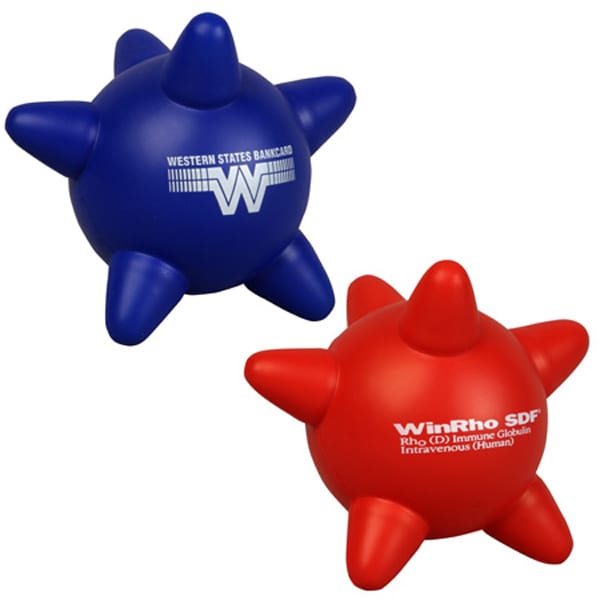 A blue and a red spiky stress ball, both with logos, designed in a playful shape resembling blood platelets.