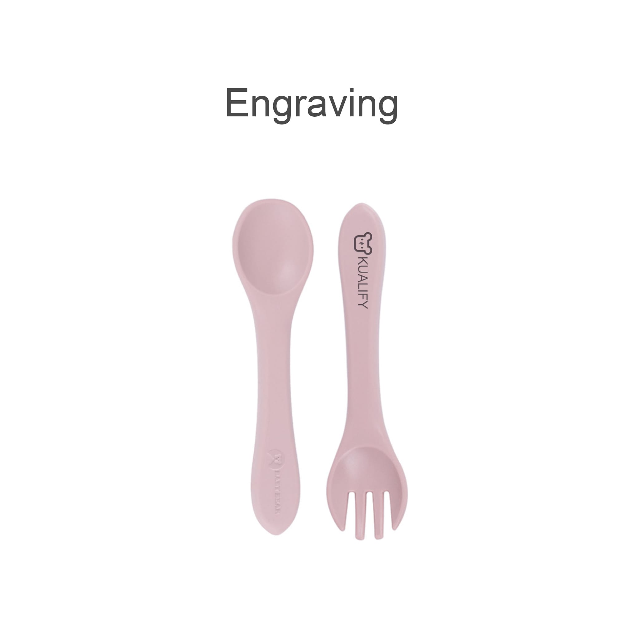 A pink silicone spoon and fork set for kids, featuring a logo and smooth, rounded edges.