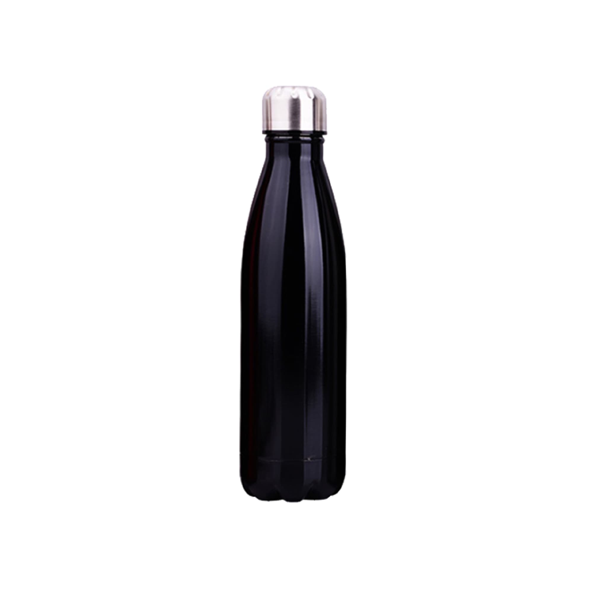 A drink bottle made of stainless steel with a double wall design in black, featuring a silver screw cap and branding.