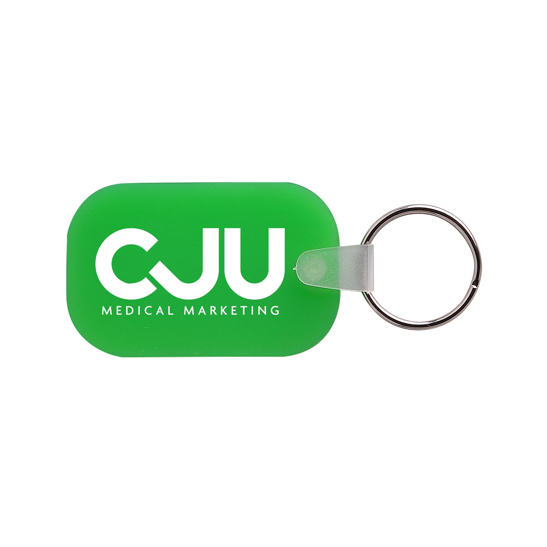 A green keyring with an oval shape and a metal keyring attachment. It features a logo.