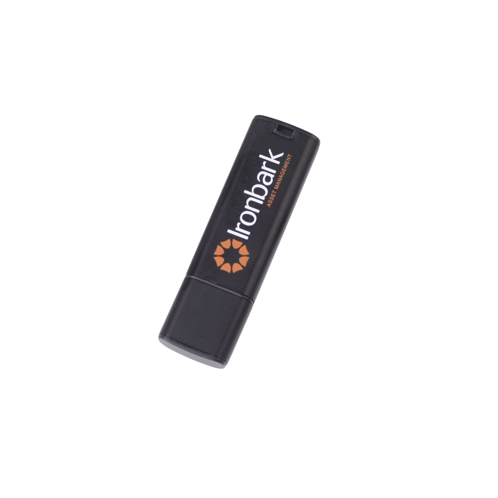 A black flash drive with an orange logo, featuring a sleek, rectangular design.