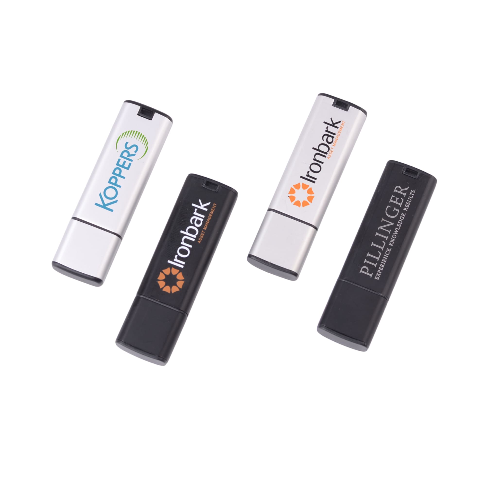 A set of four Harper Flash Drives in silver and black, featuring various logos on each drive.