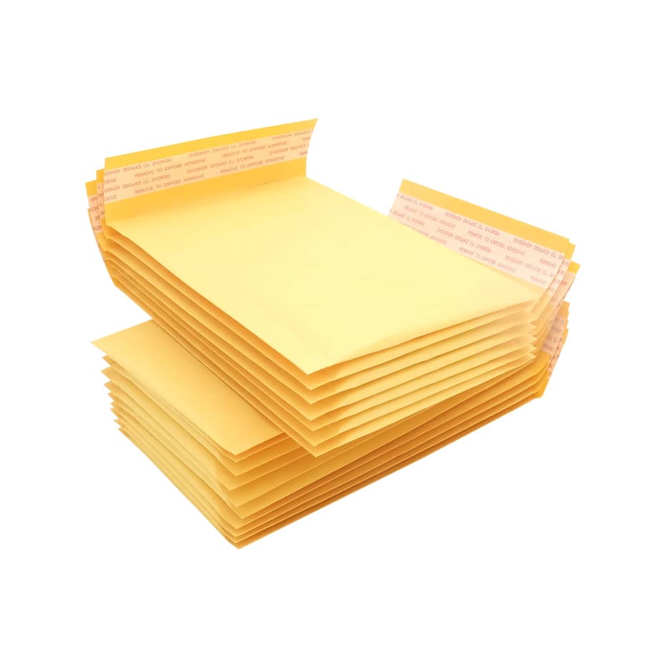 A stack of medium-sized, yellow padded bubble envelopes with self-adhesive flaps. They have a branding logo.