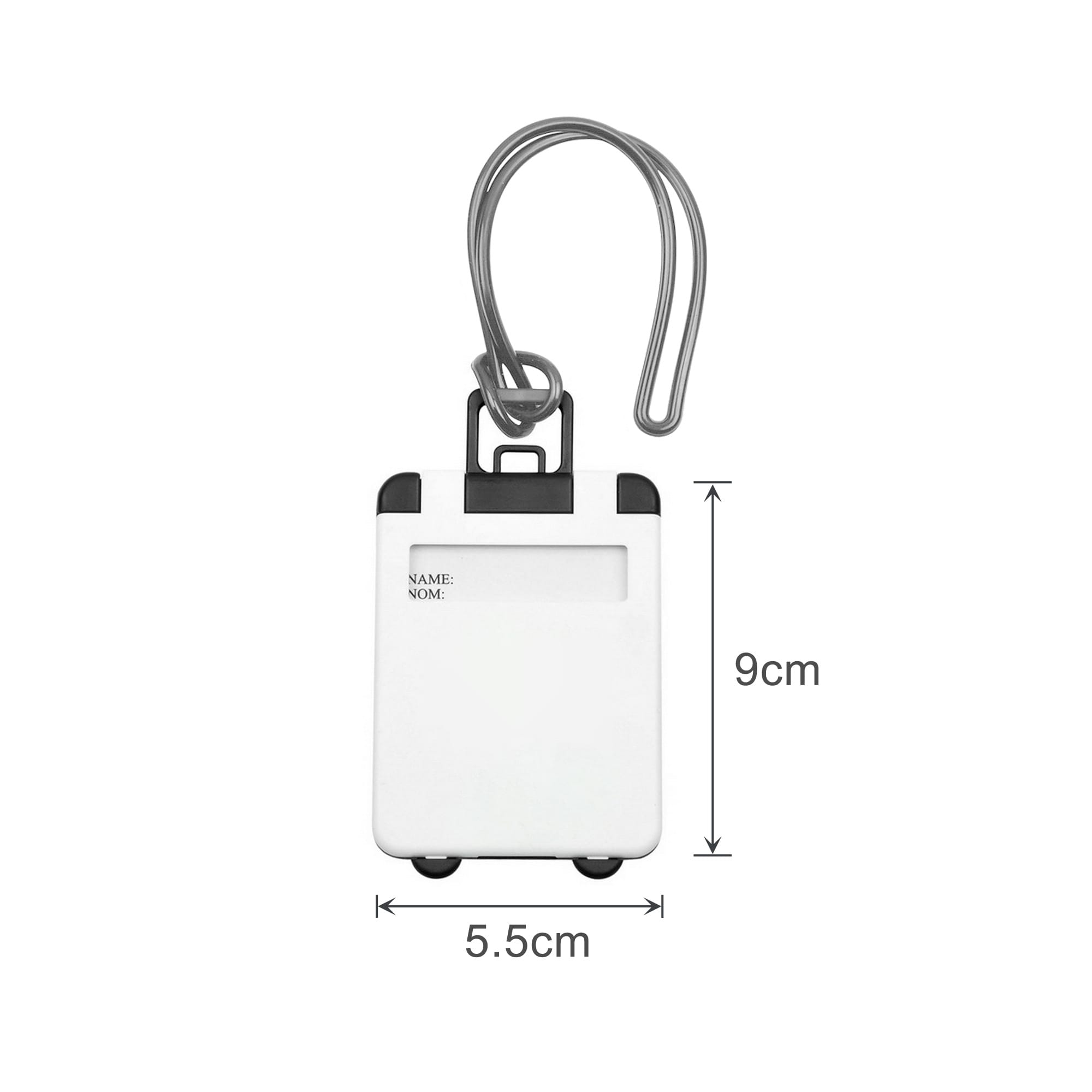 A white ABS luggage tag with black accents, featuring a transparent section for information. Includes a metal attachment hook.