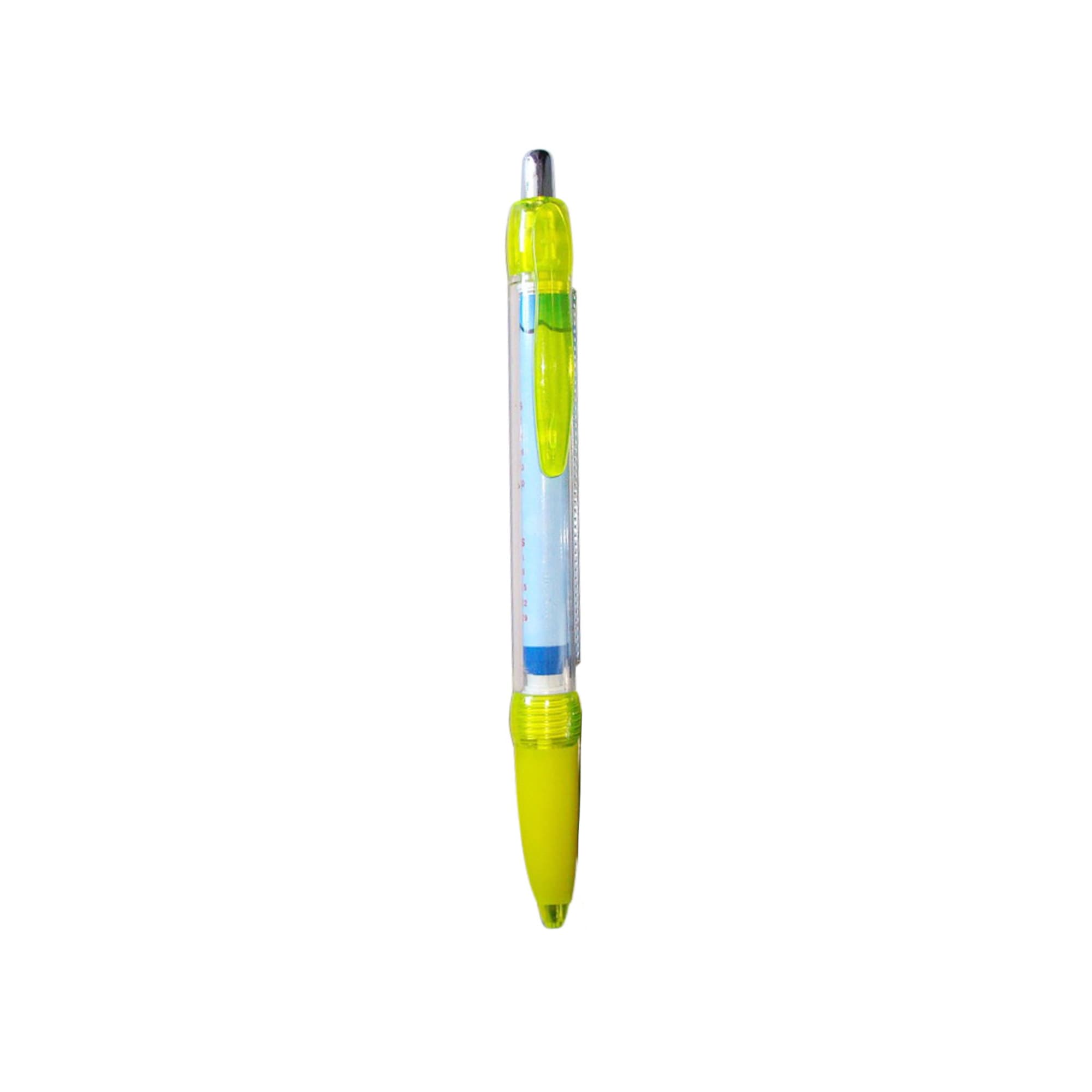 A plastic pen with a clear barrel, green and yellow accents, featuring a push-button mechanism.
