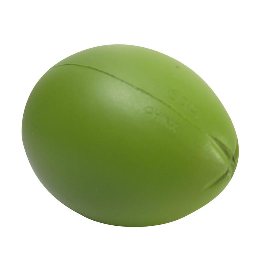A green, olive-shaped stress reliever with a smooth surface and a small seam line. It features a logo.