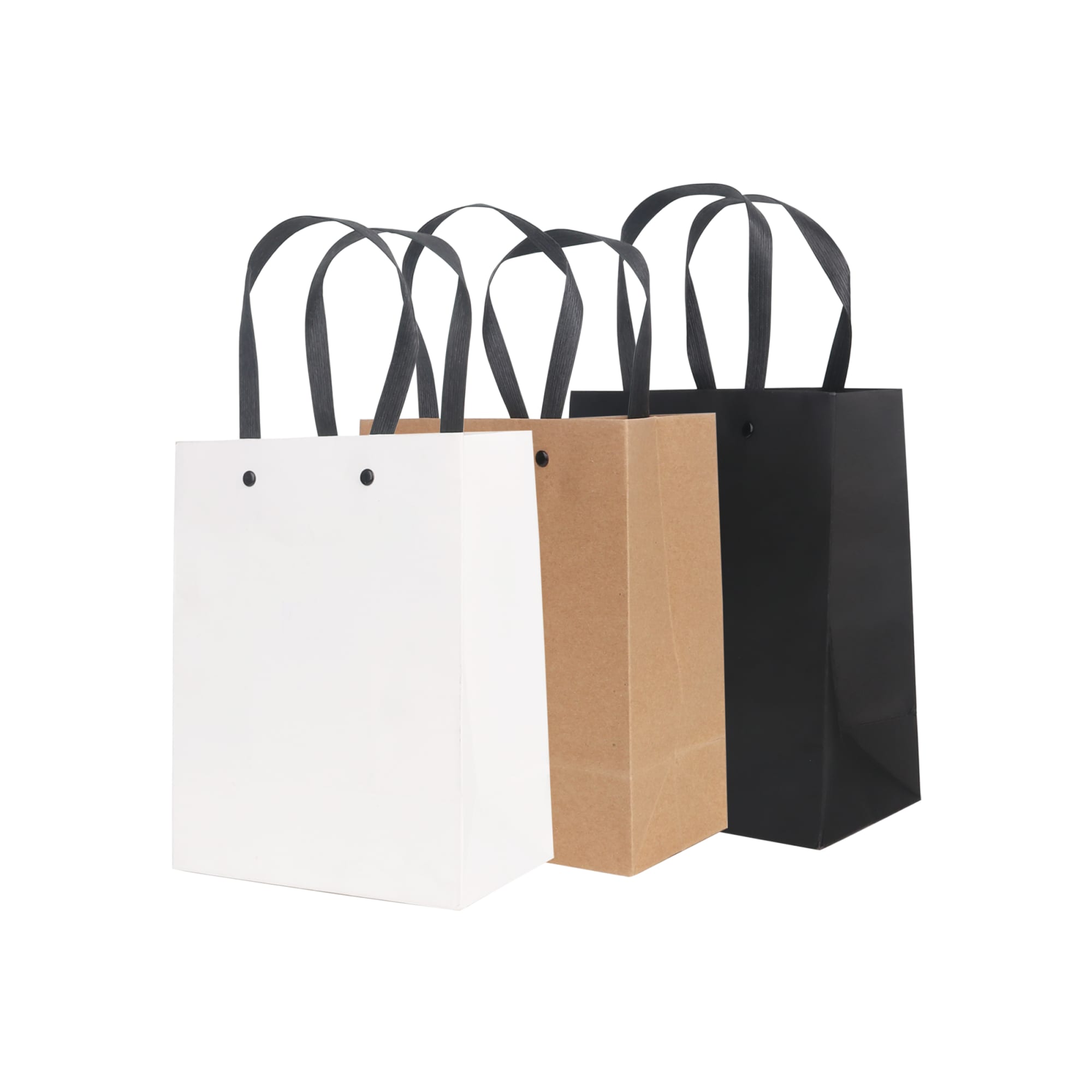 Three small vertical paper bags in white, kraft, and black, each with a knitted handle. Each bag has a logo.