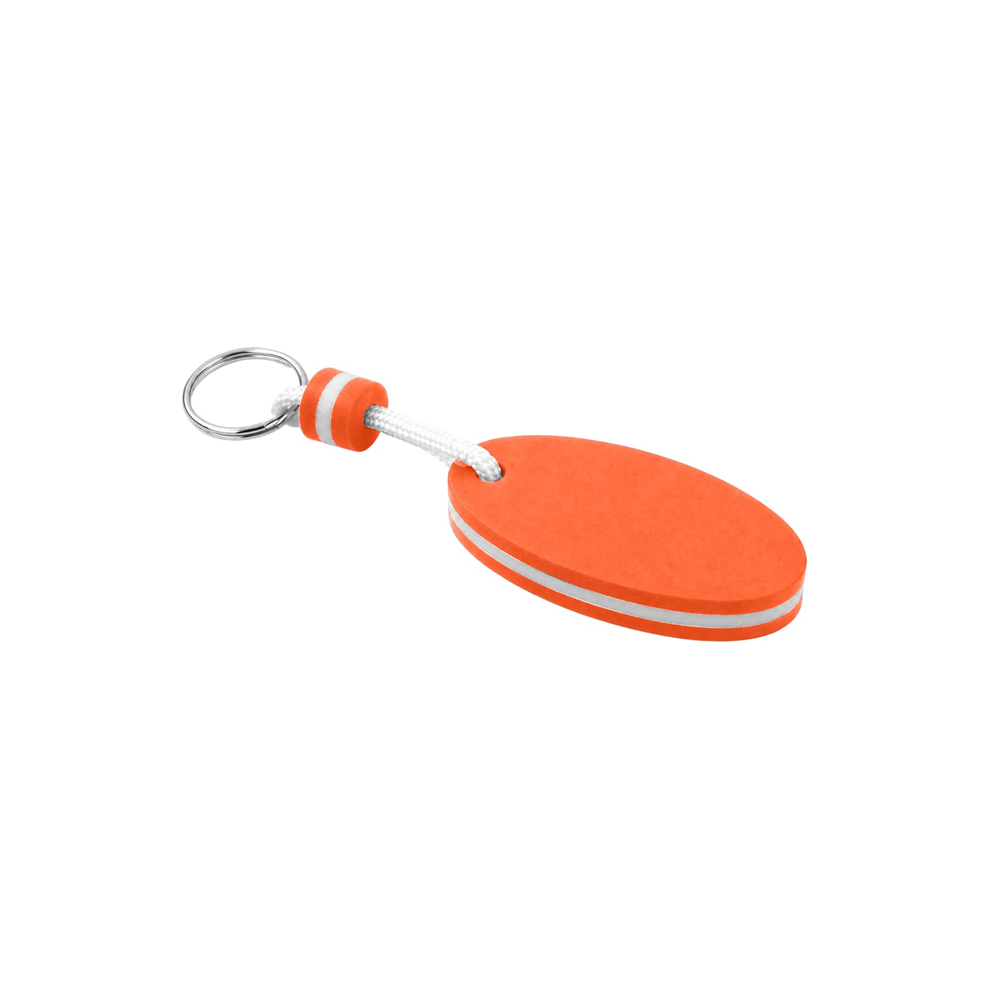An orange EVA floating keychain with a white stripe and a silver key ring attached.