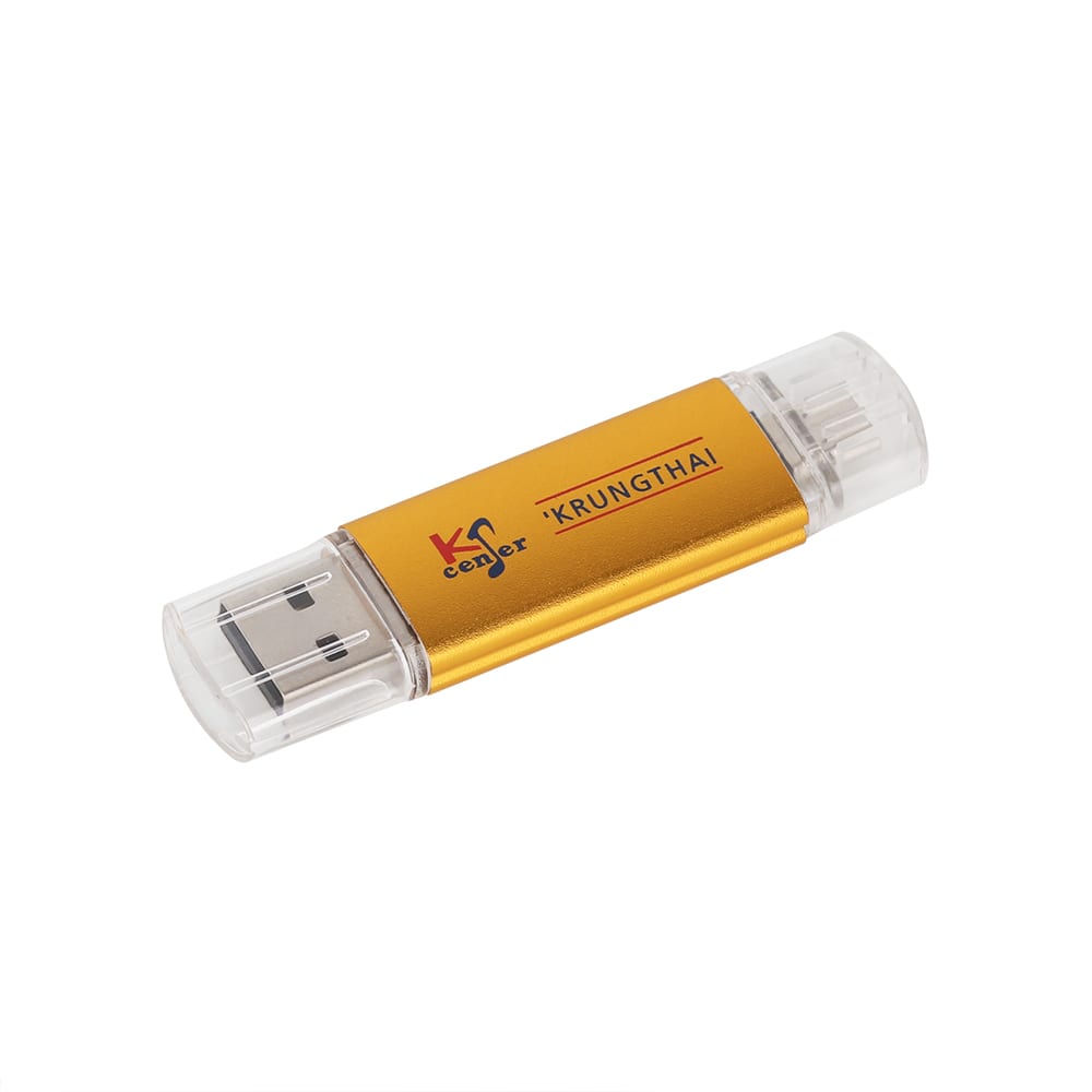 A gold and clear double-end flash drive with a logo and two USB connectors at each end.