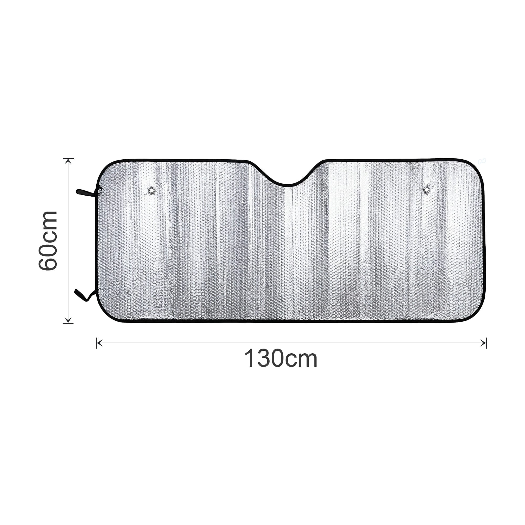 A full colour printed bubble aluminium car sun shade, silver in colour, measuring 130cm by 60cm, with a logo.