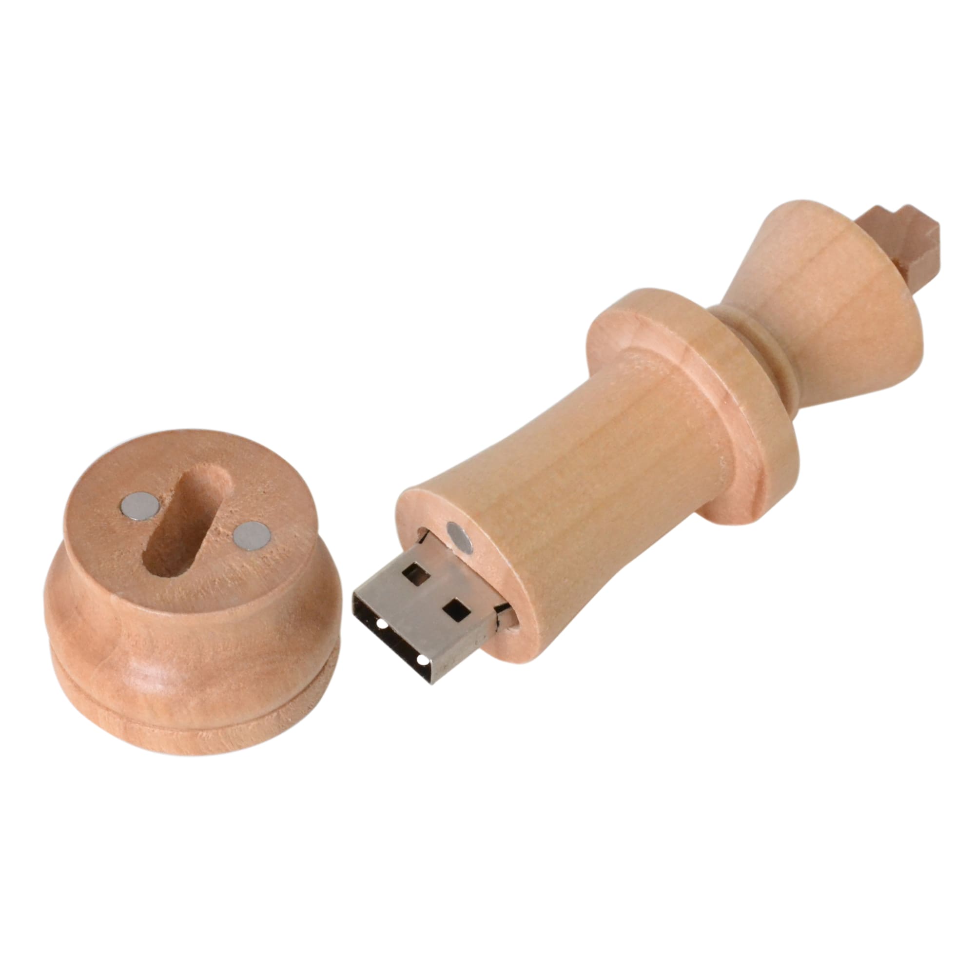 A wooden chess piece flash drive in a light colour, featuring a removable cap and a metallic USB connector.