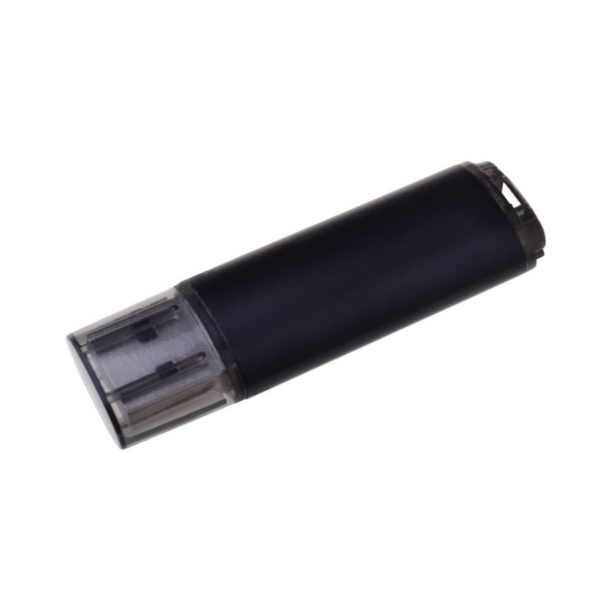 A black flash drive with a transparent end, featuring a logo and a sleek design for easy portability.