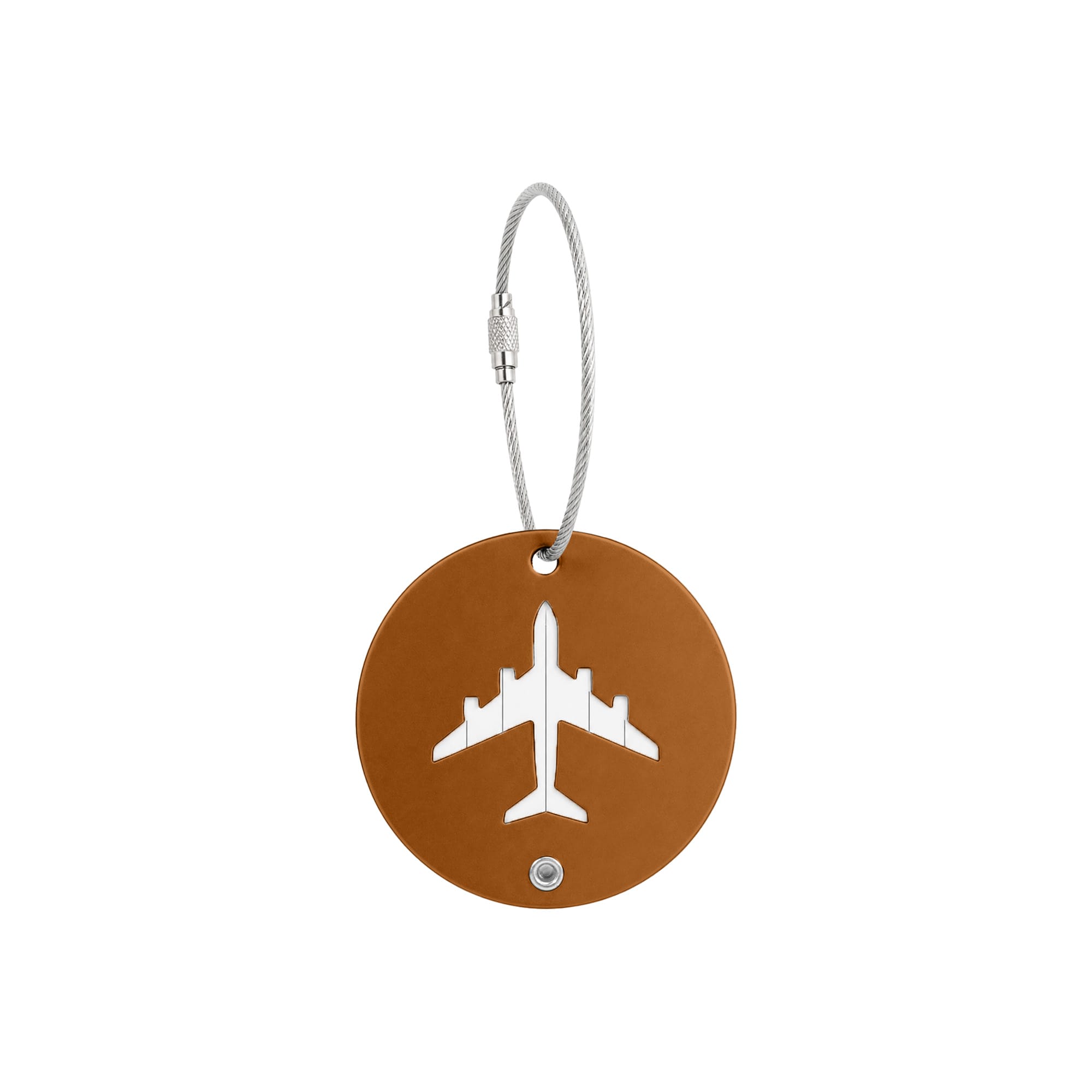 A round, brown luggage tag with a white airplane design and a metal wire attachment.