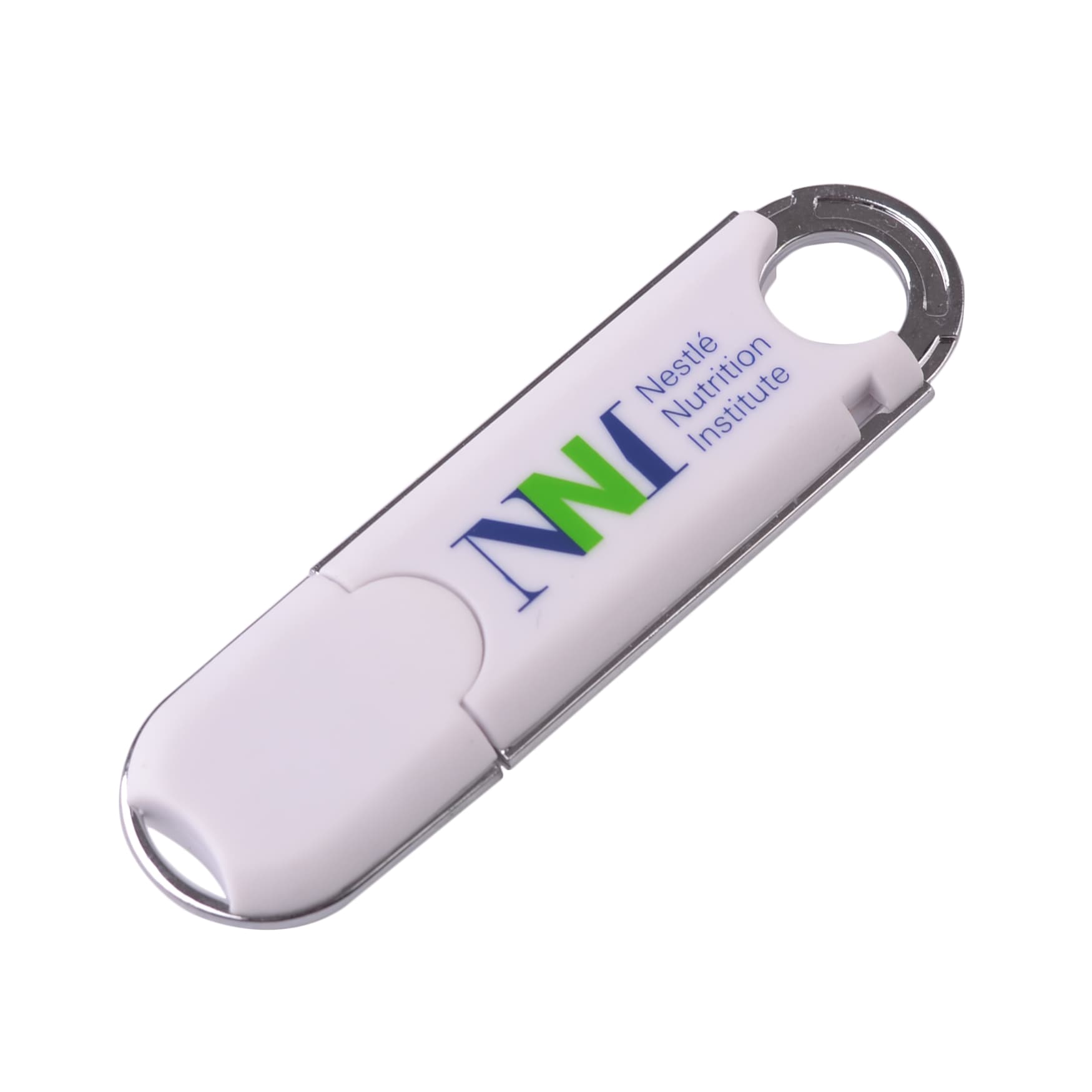 A white O-ring flash drive with a metallic clip and a logo on one side.