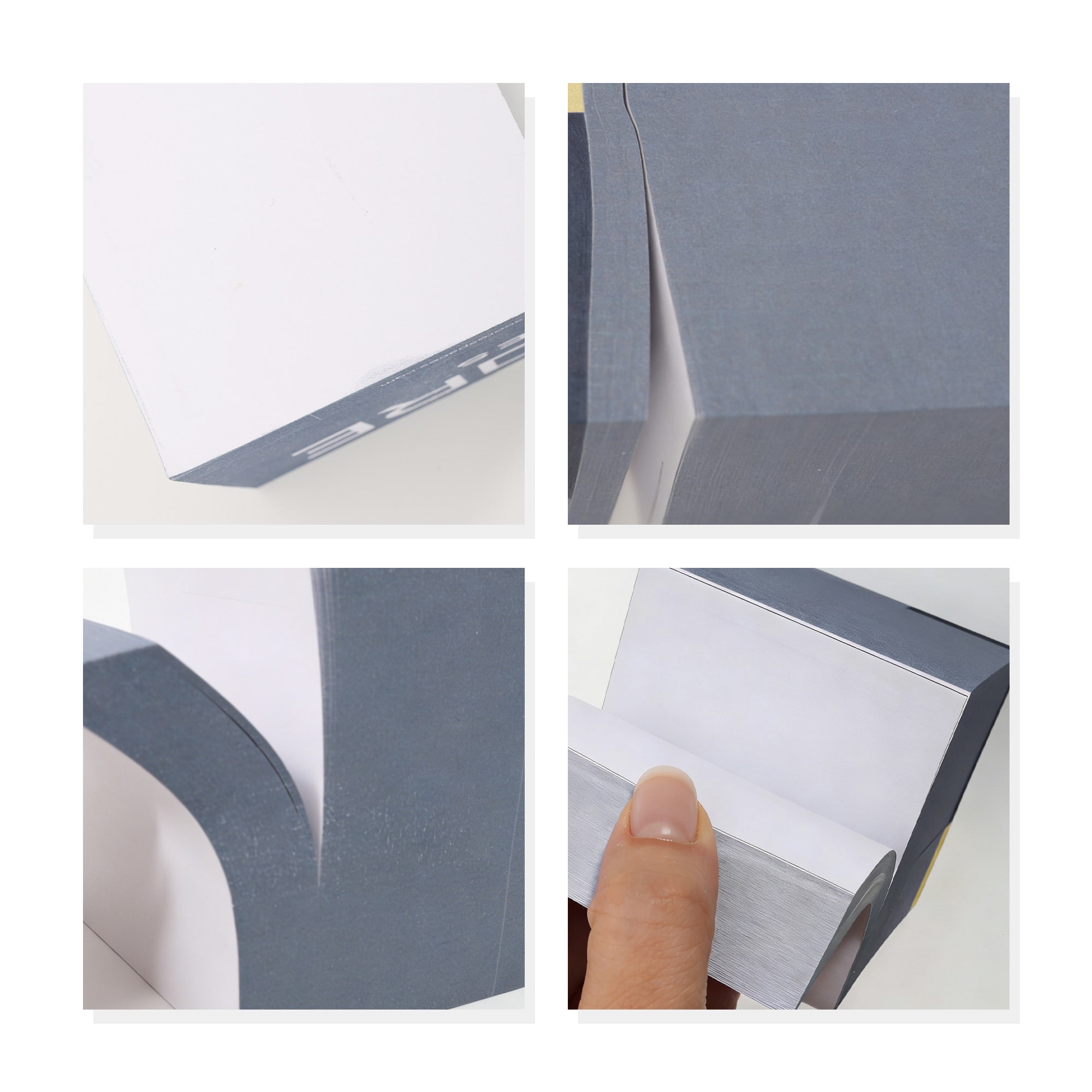 A set of four images showing Cube Notes in grey and white, featuring a block shape and layers of removable notes.
