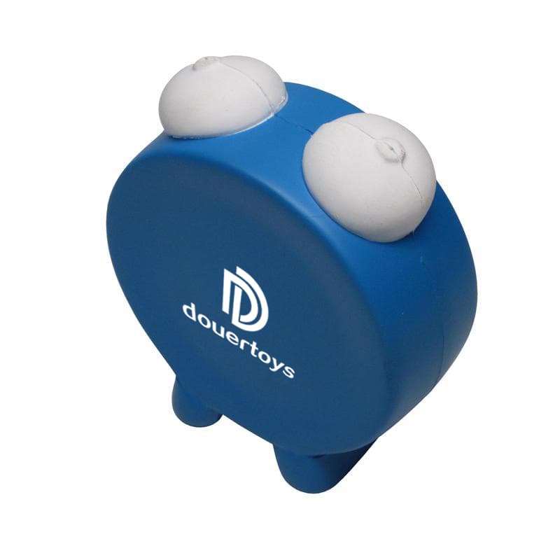 A blue alarm clock shape stress reliever with white knobs on top and a branding logo on the side.
