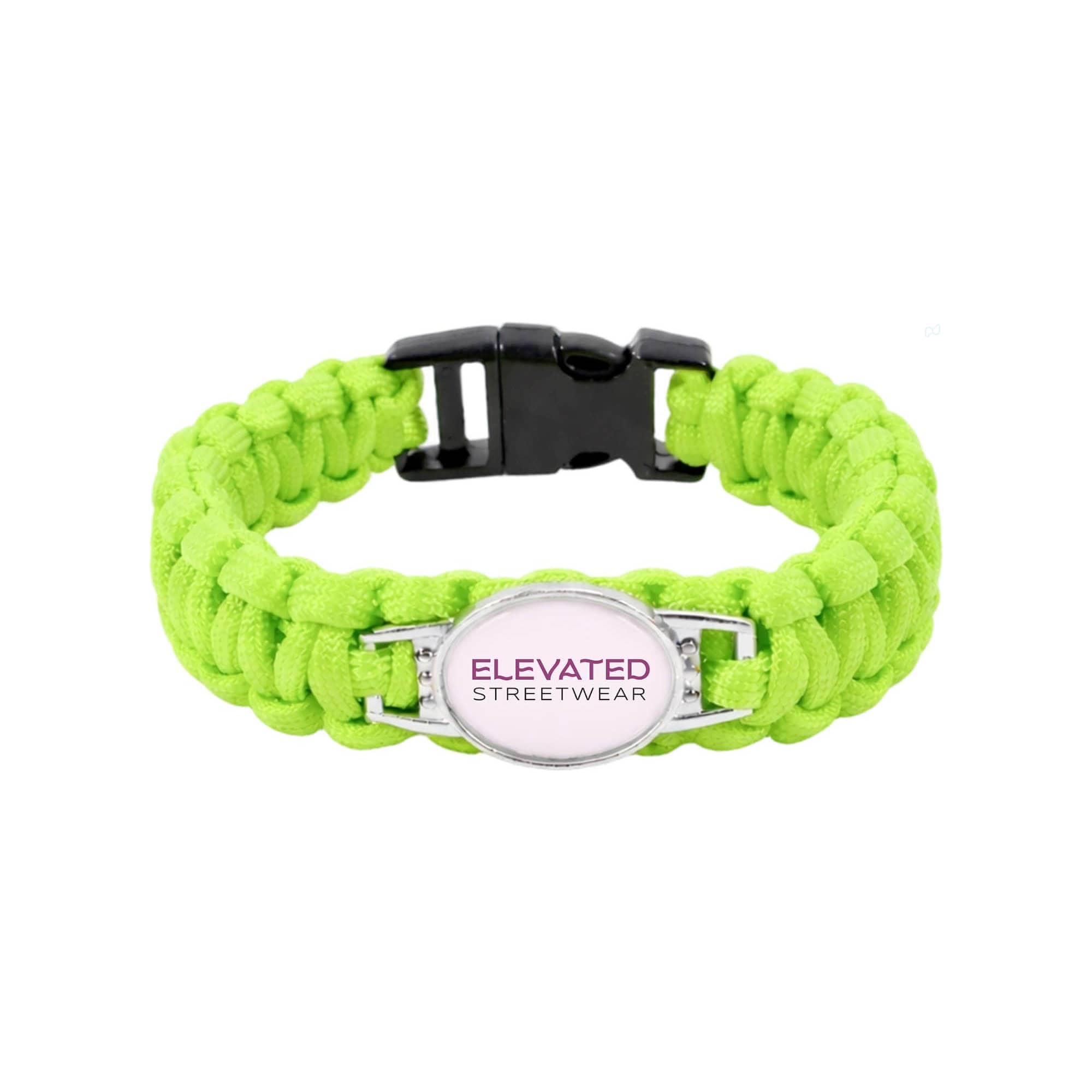 A bright green braided paracord bracelet featuring a themed pendant and a clasp closure. It has a logo on the pendant.