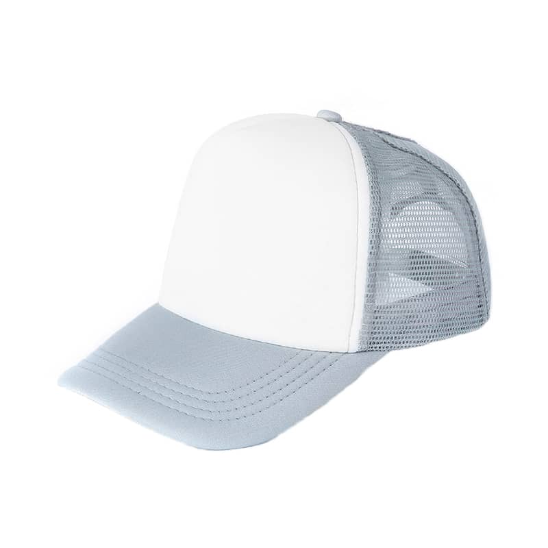 A trucker cap featuring a white front panel and grey mesh back. It has a curved brim and adjustable strap.