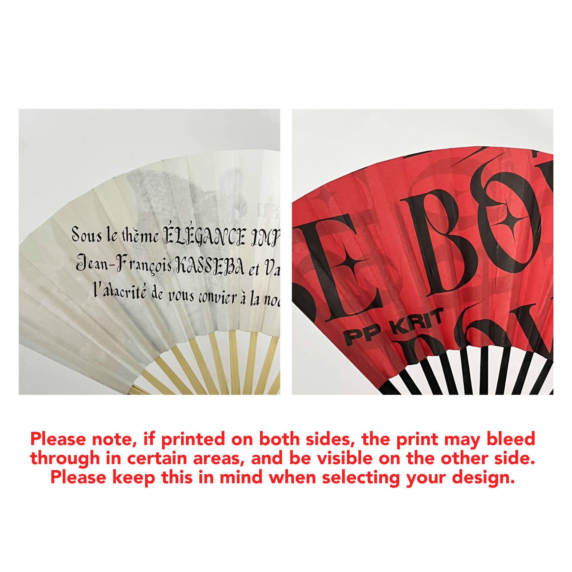 A foldable fan featuring a white side with elegant text and a red side with bold graphics, both with a logo.