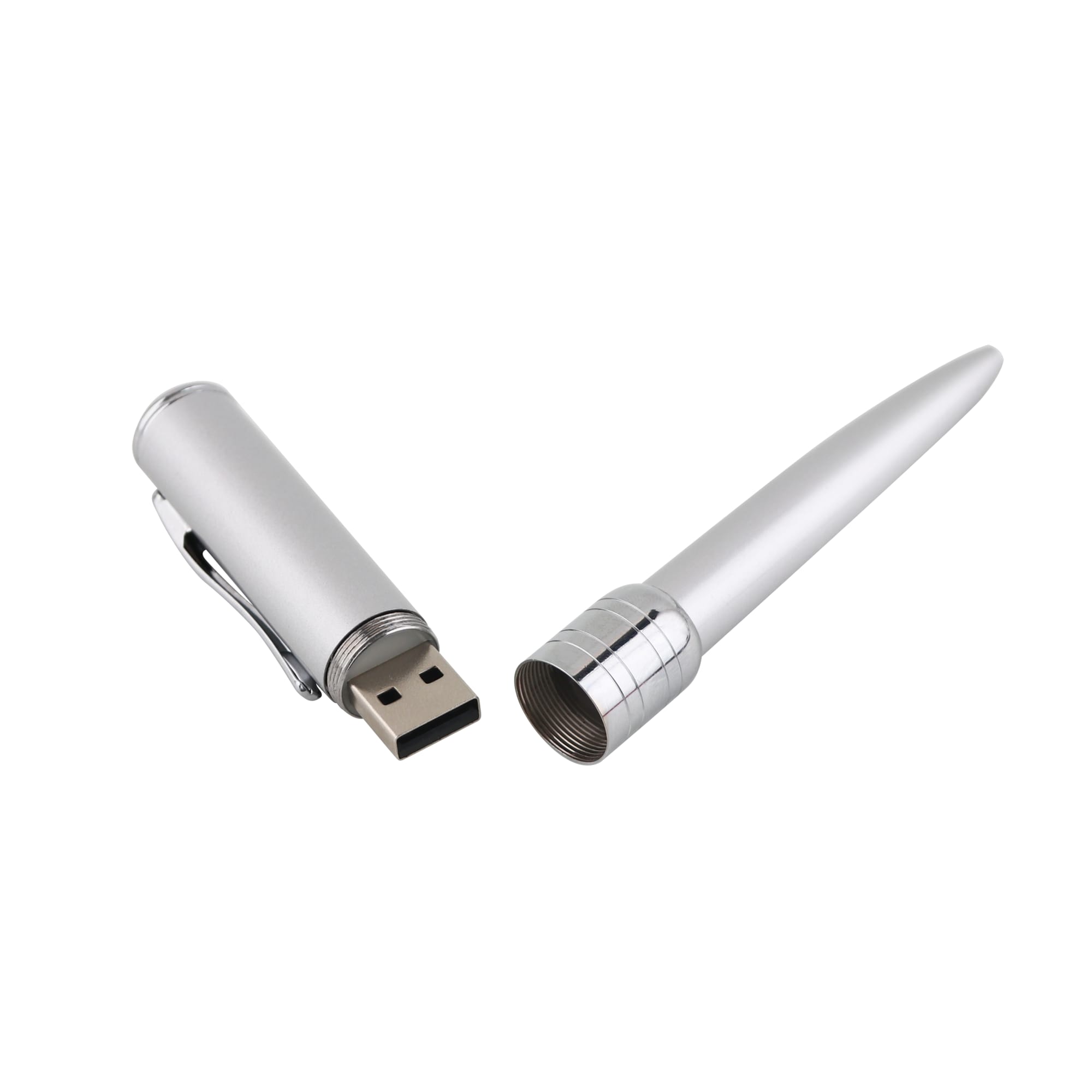 A silver pen that doubles as a flash drive, featuring a removable cap and a clip for easy carrying.