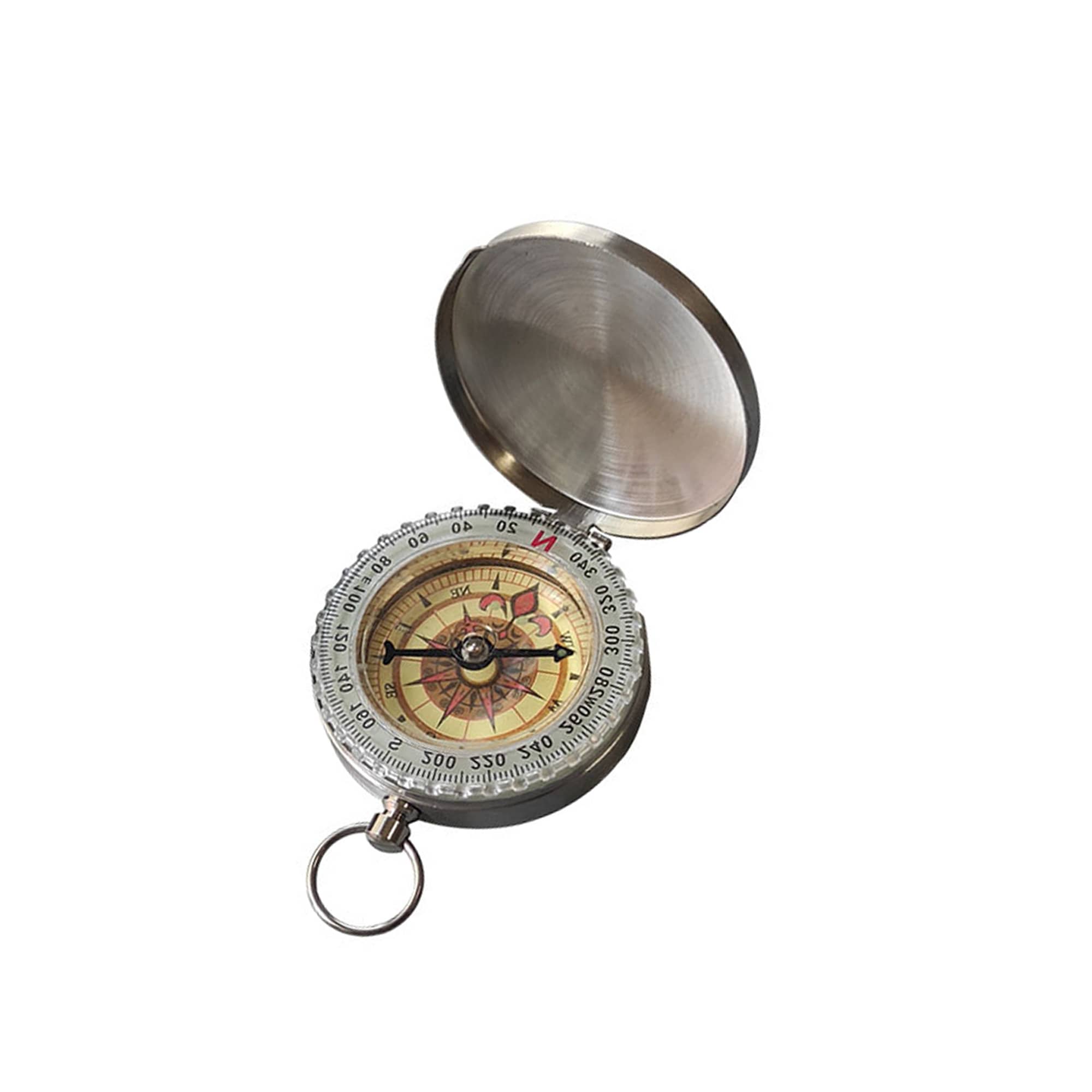 A metallic silver compass with a hinged lid, featuring a detailed compass face and a keychain attachment.