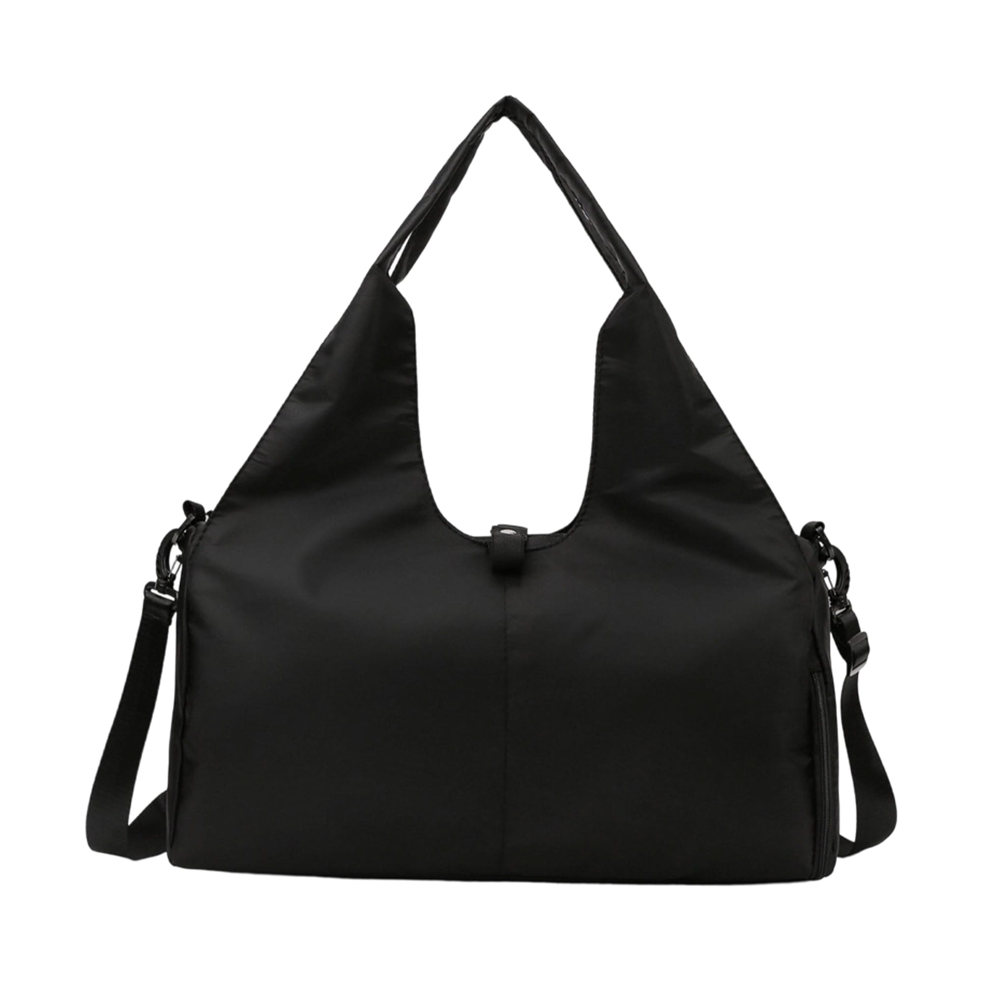 A black duffle bag with a yoga mat strap and adjustable shoulder strap, featuring a logo on the side.