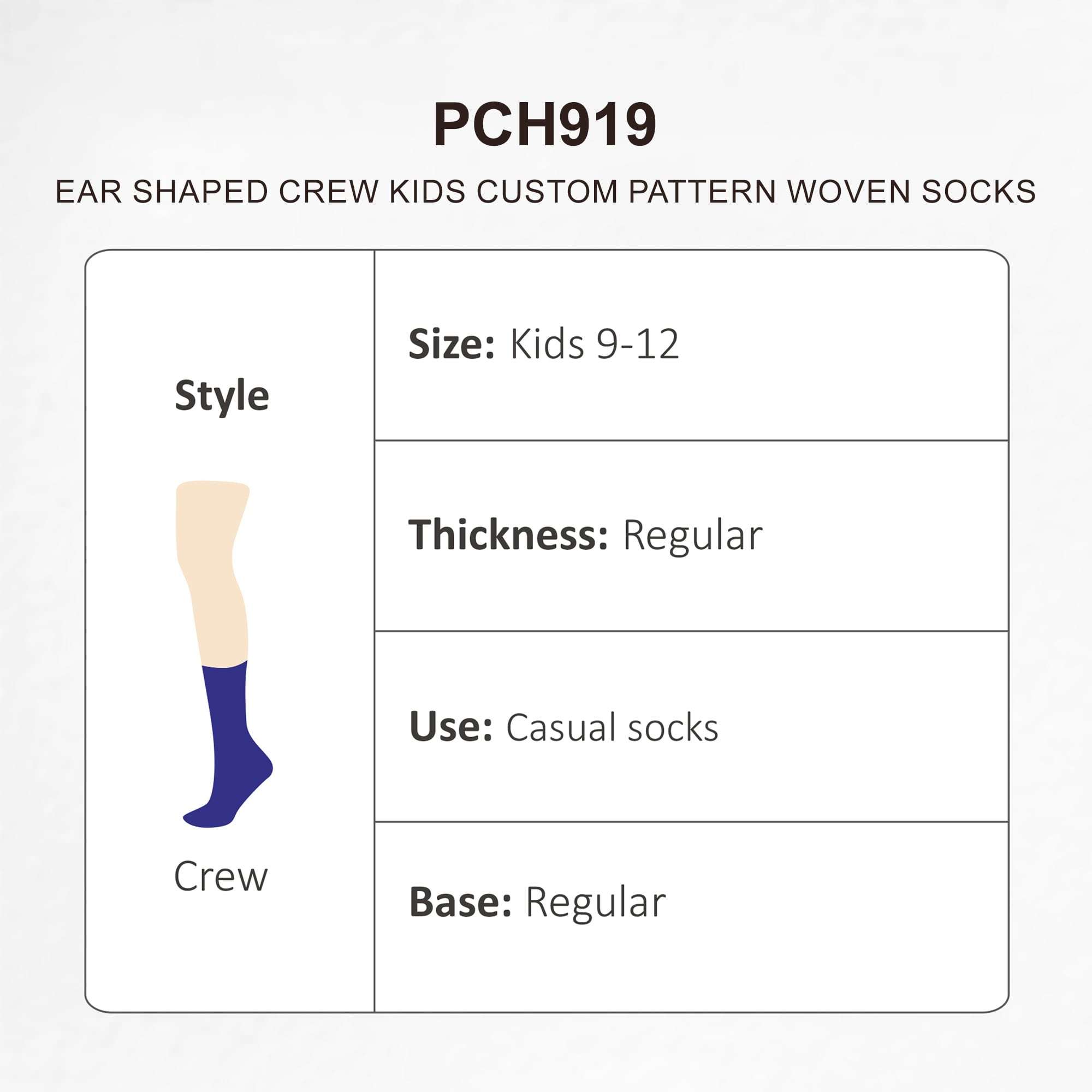 A pair of ear-shaped crew socks for kids, featuring a custom pattern in purple, labelled with style and size information.