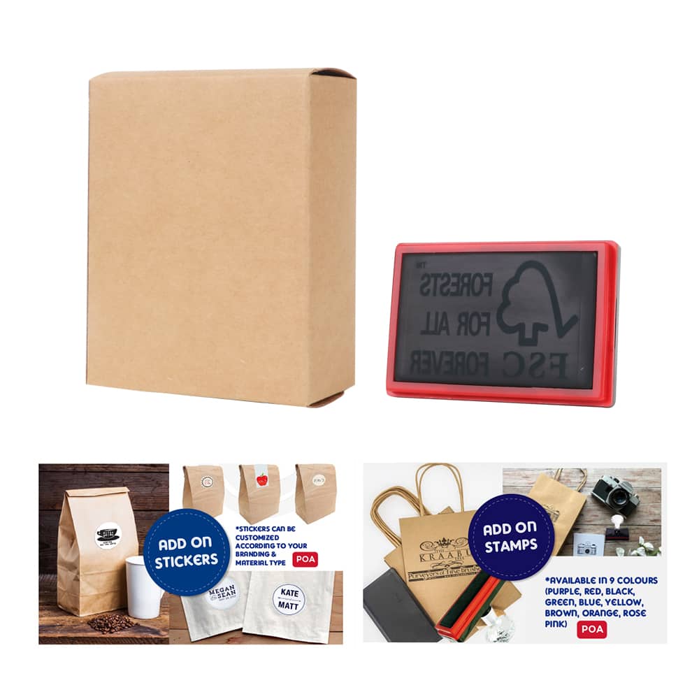 A small square gift box in brown, accompanied by a red stamp. The box is empty and features a logo.