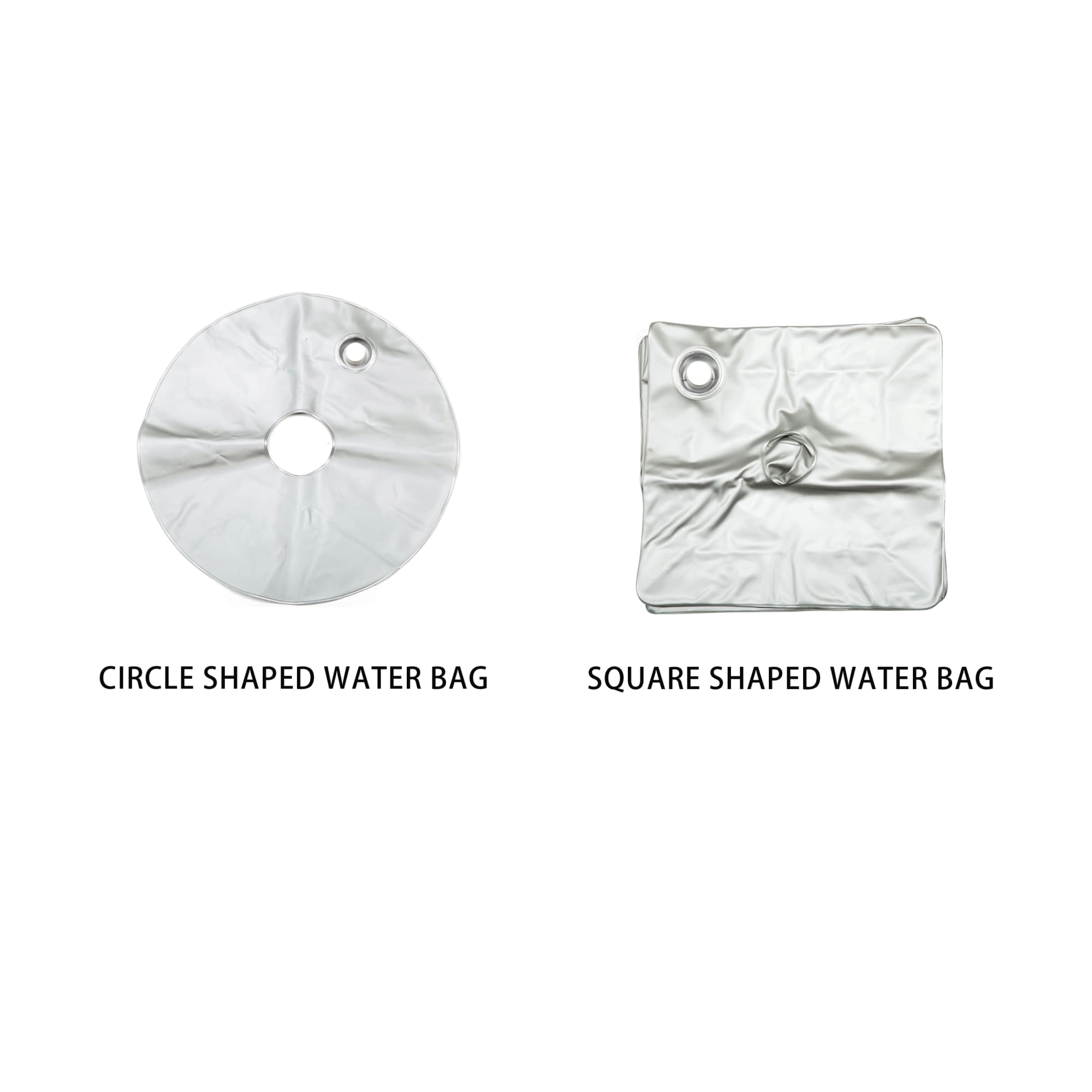 Two water bags displayed: one circular and one square, both in a shiny silver colour, featuring a central hole.