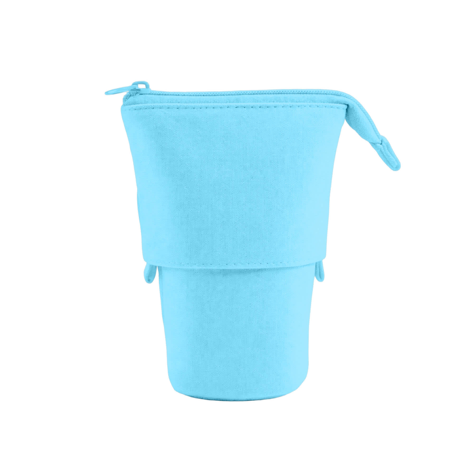 A light blue canvas expandable pencil case with a zip closure and a simple design. Features a logo.