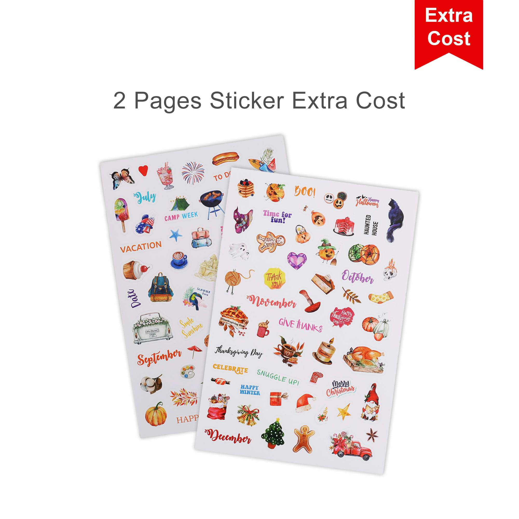 A set of two sticker pages featuring vibrant illustrations and seasonal themes, including holidays and food items.