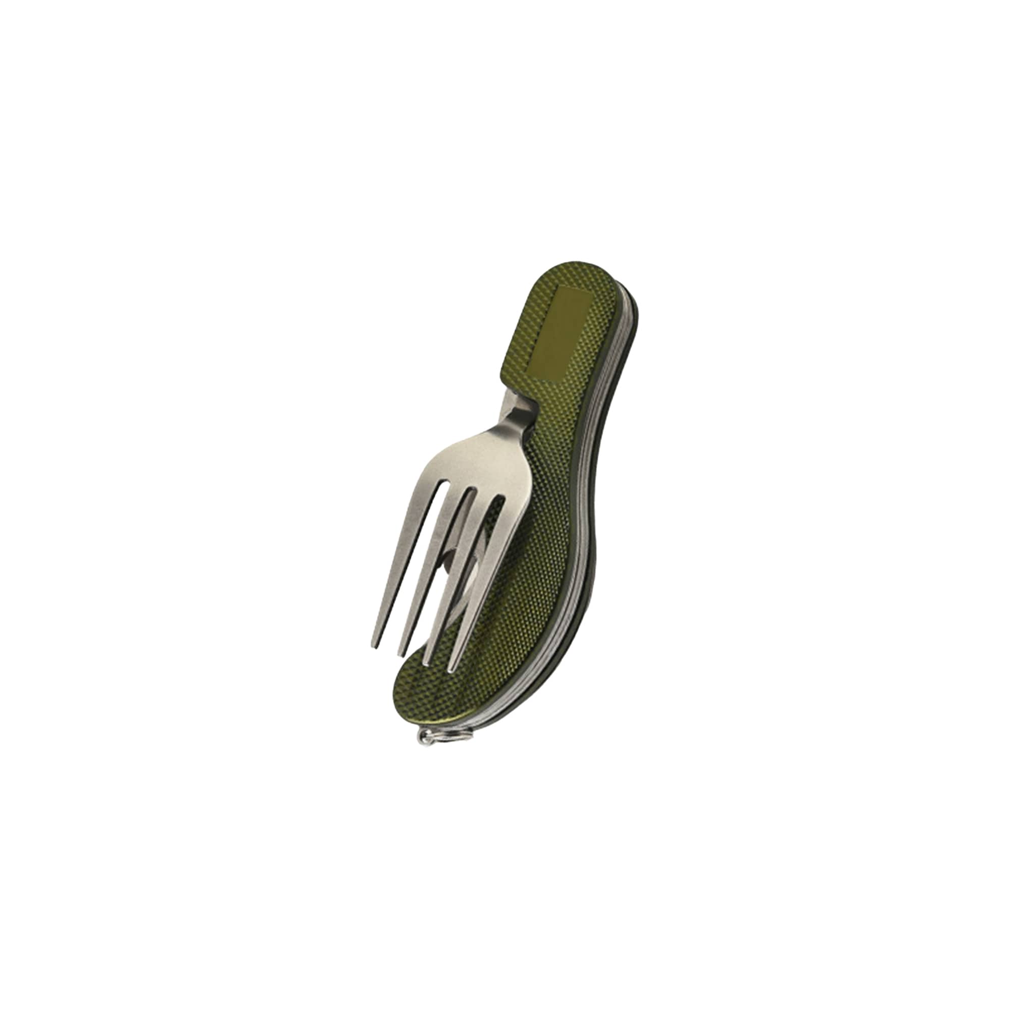 A compact camping cutlery tool featuring a stainless steel fork and an olive green handle. Includes a logo on the handle.