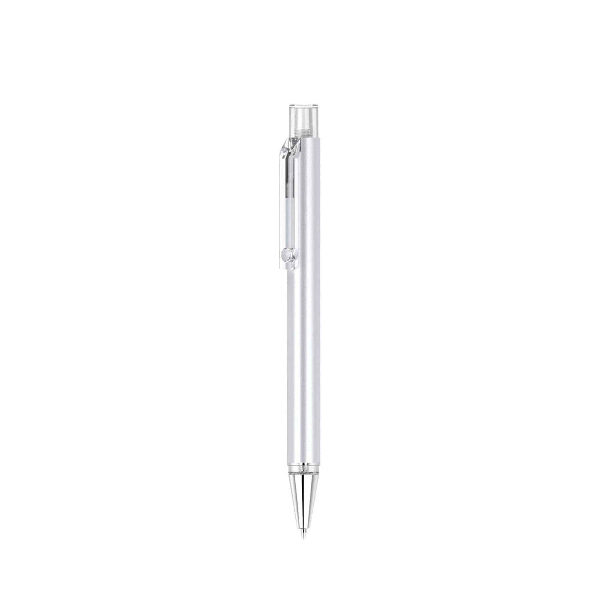 A silver pen with a sleek design and a clip, featuring a brand logo.