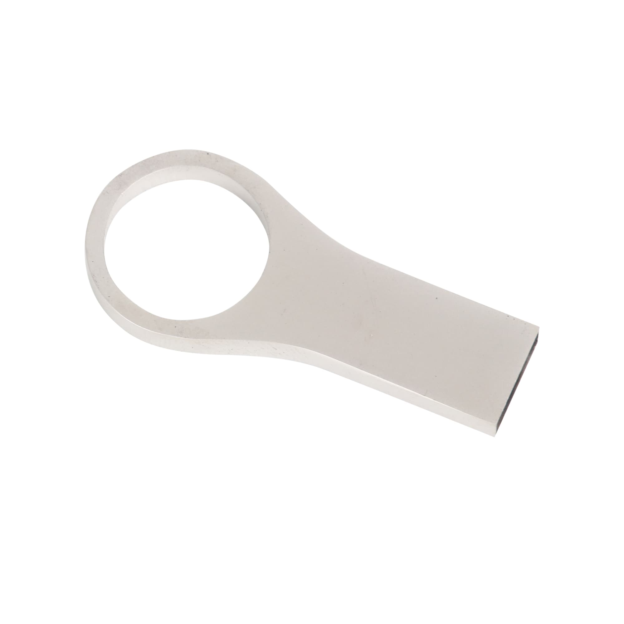 A sleek silver USB flash drive featuring a large circular handle for easy grip.