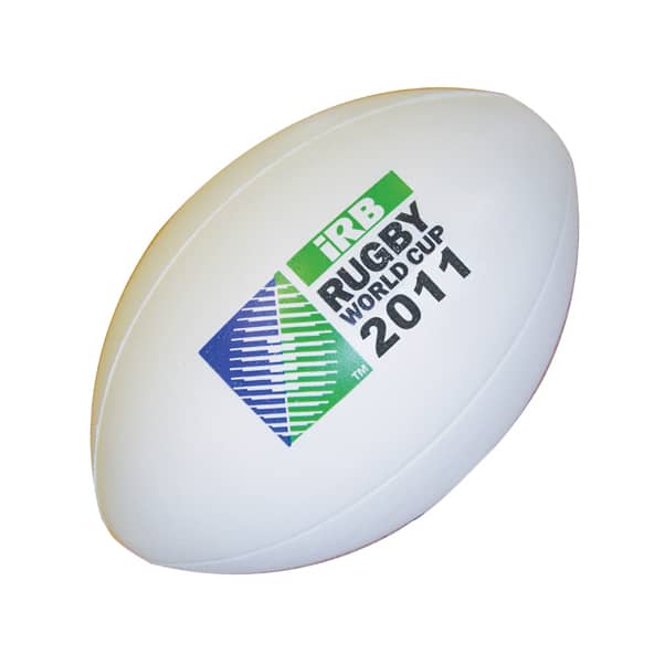 A white stress Australian football featuring a logo and text related to the Rugby World Cup 2011.