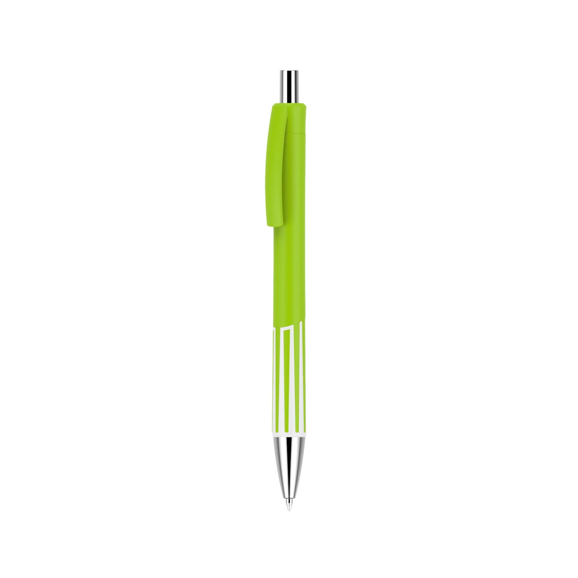 A green plastic pen with a contrasting grip and chrome accents. The pen features a logo.