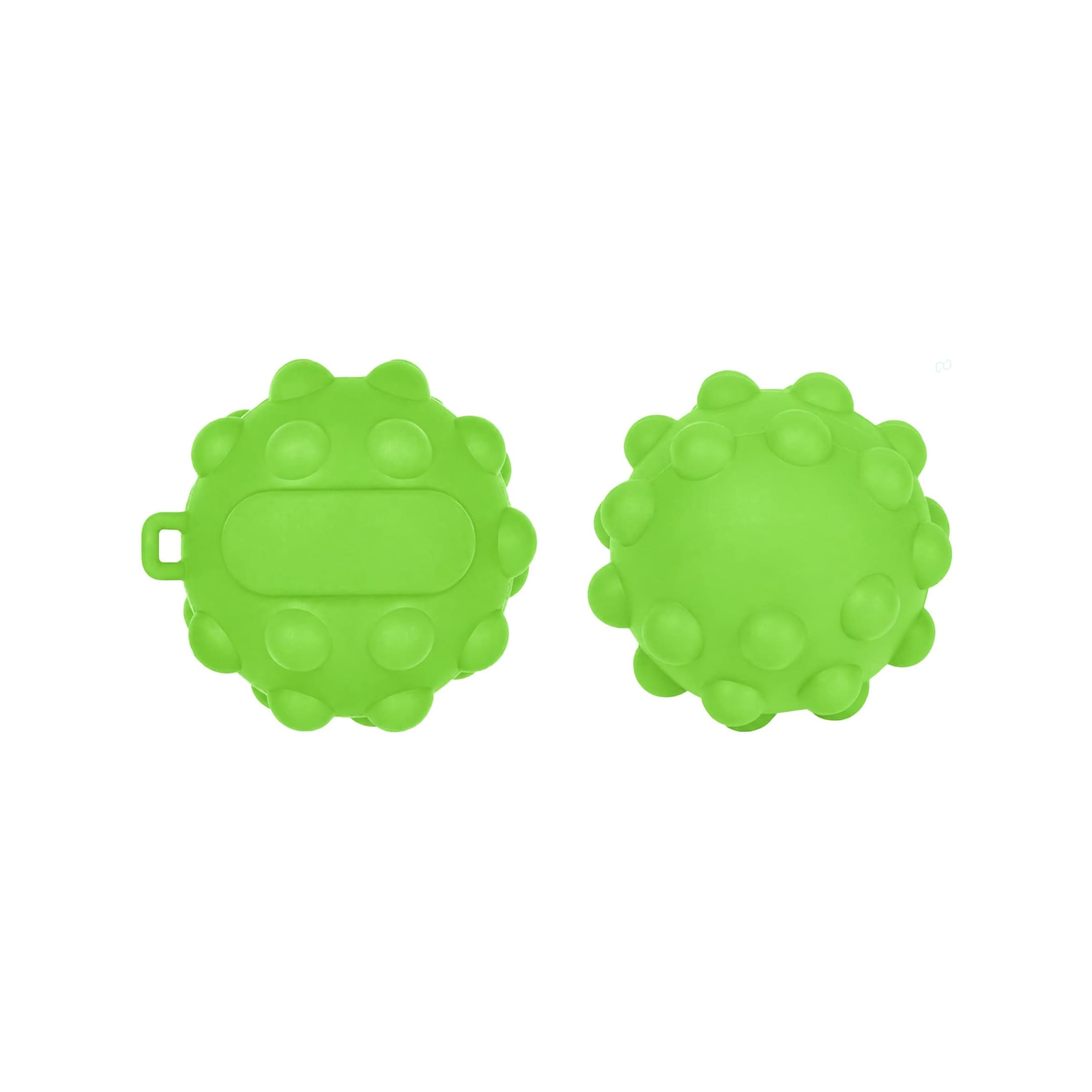 A bright green, textured popper ball with a smooth section and several raised dots. It features a small handle.