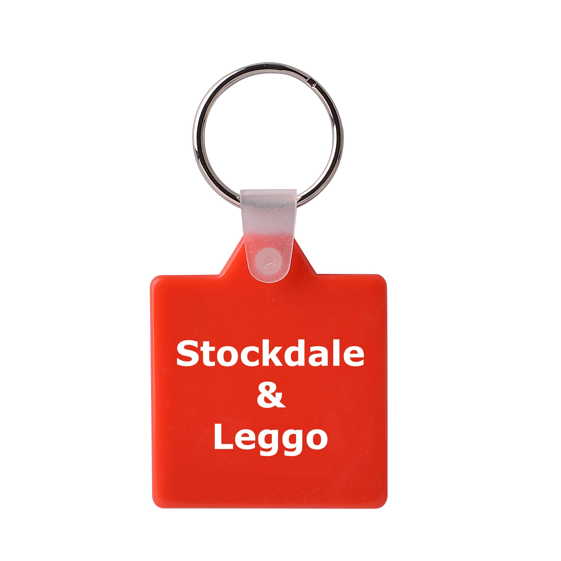 A square red hard plastic keyring with a metallic keyring attachment. It features a logo on one side.
