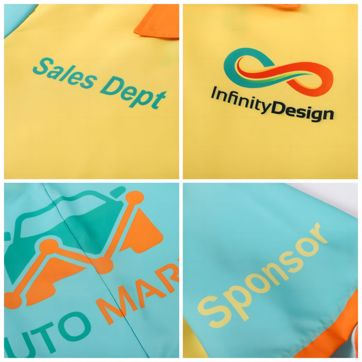 A vibrant yellow and teal Hawaiian button-up shirt featuring an orange collar and branding details.