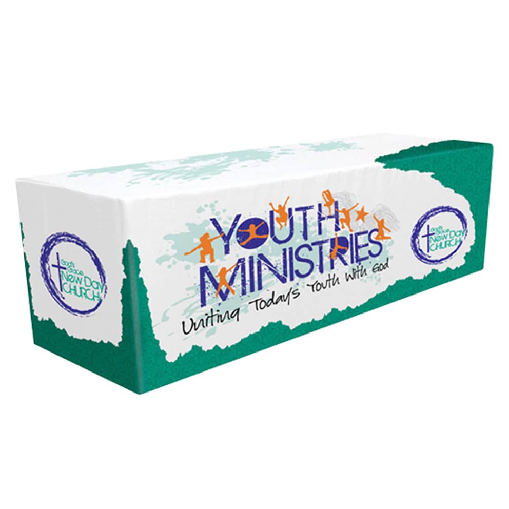 A fitted tablecloth in green and white featuring a logo and text related to youth ministries.