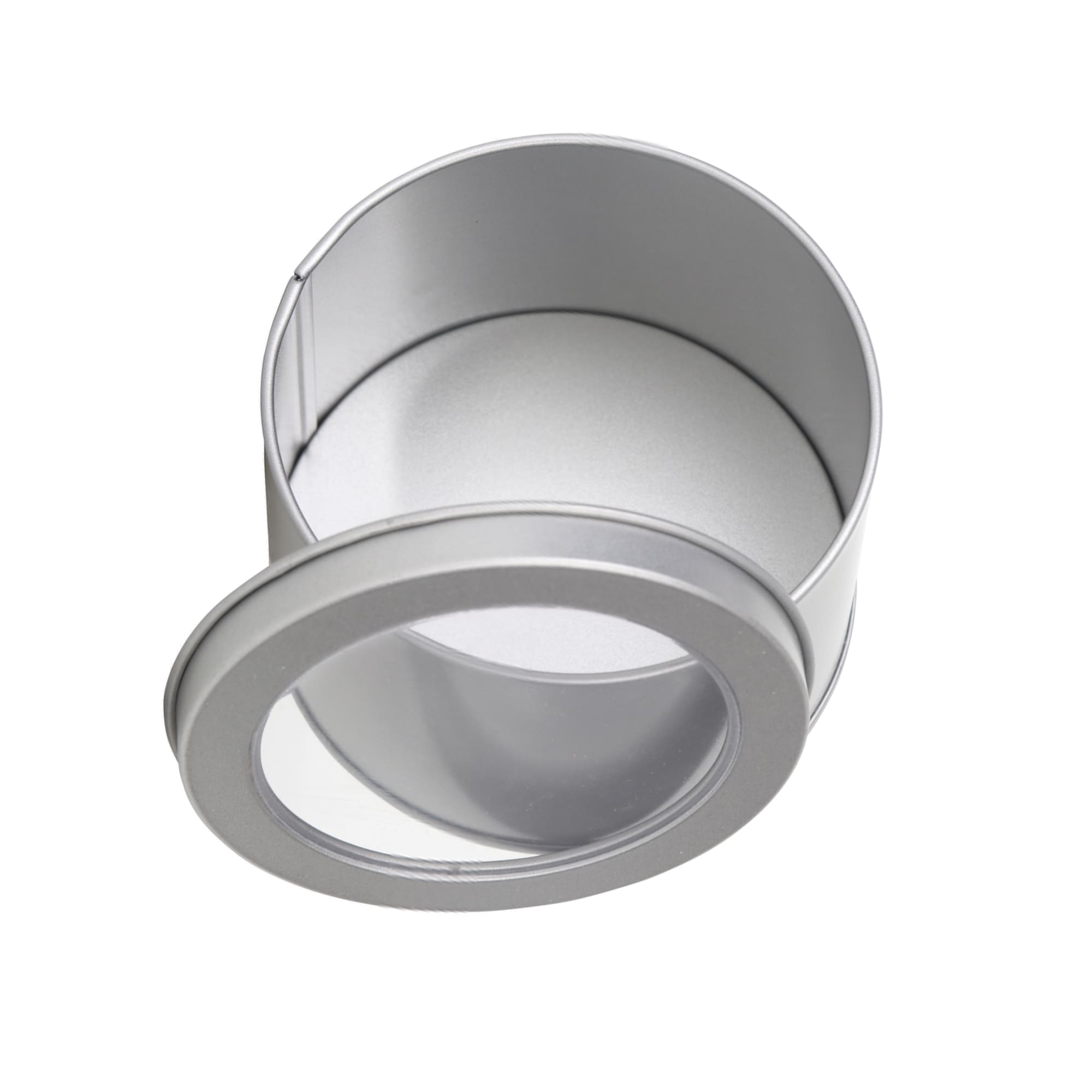 A medium silver tin can with a transparent window, featuring a removable lid. Ideal for packaging.